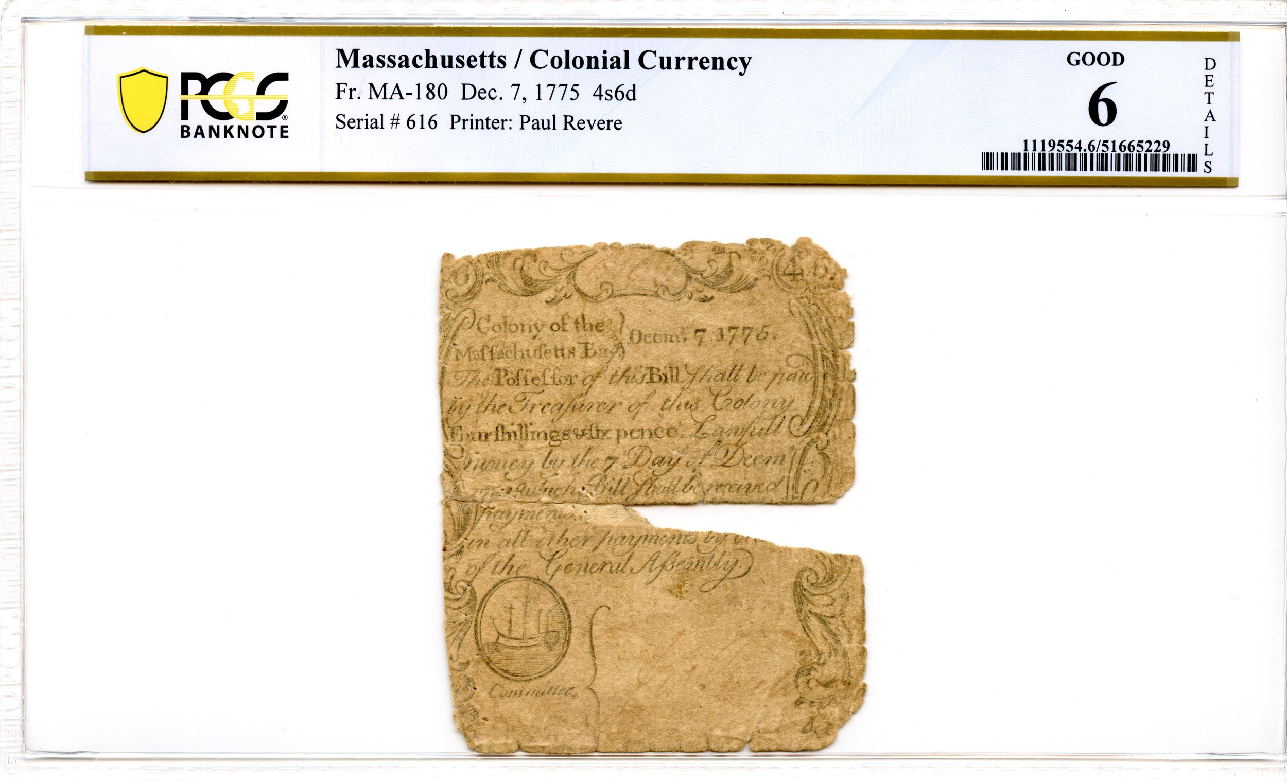 Massachusetts Colonial Note Fr#MA-180 December 7, 1775 4s6d PCGS G-6 *Sword in Hand*