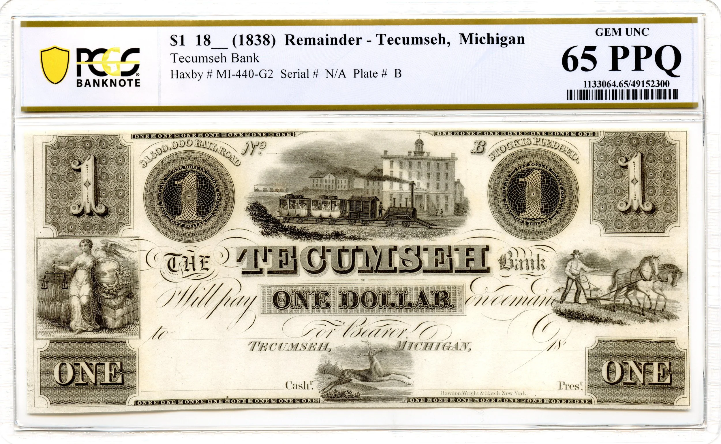 1838 $1 Tecumseh, Michigan Obsolete Note Tecumseh Bank PCGS GEM 65 PPQ