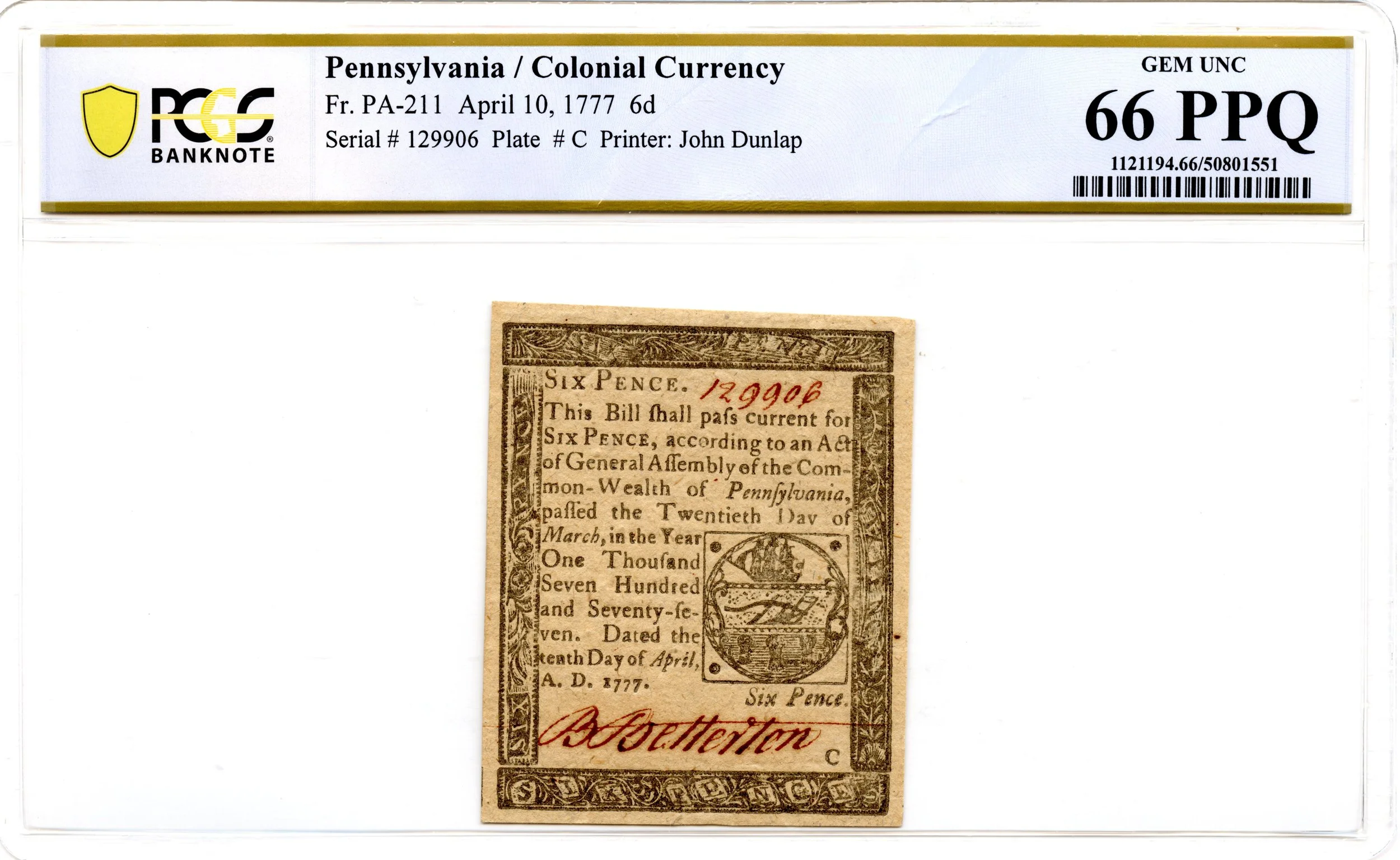 Pennsylvania Colonial Note Fr#PA-211 April 10, 1777 6d PCGS GEM 66 PPQ