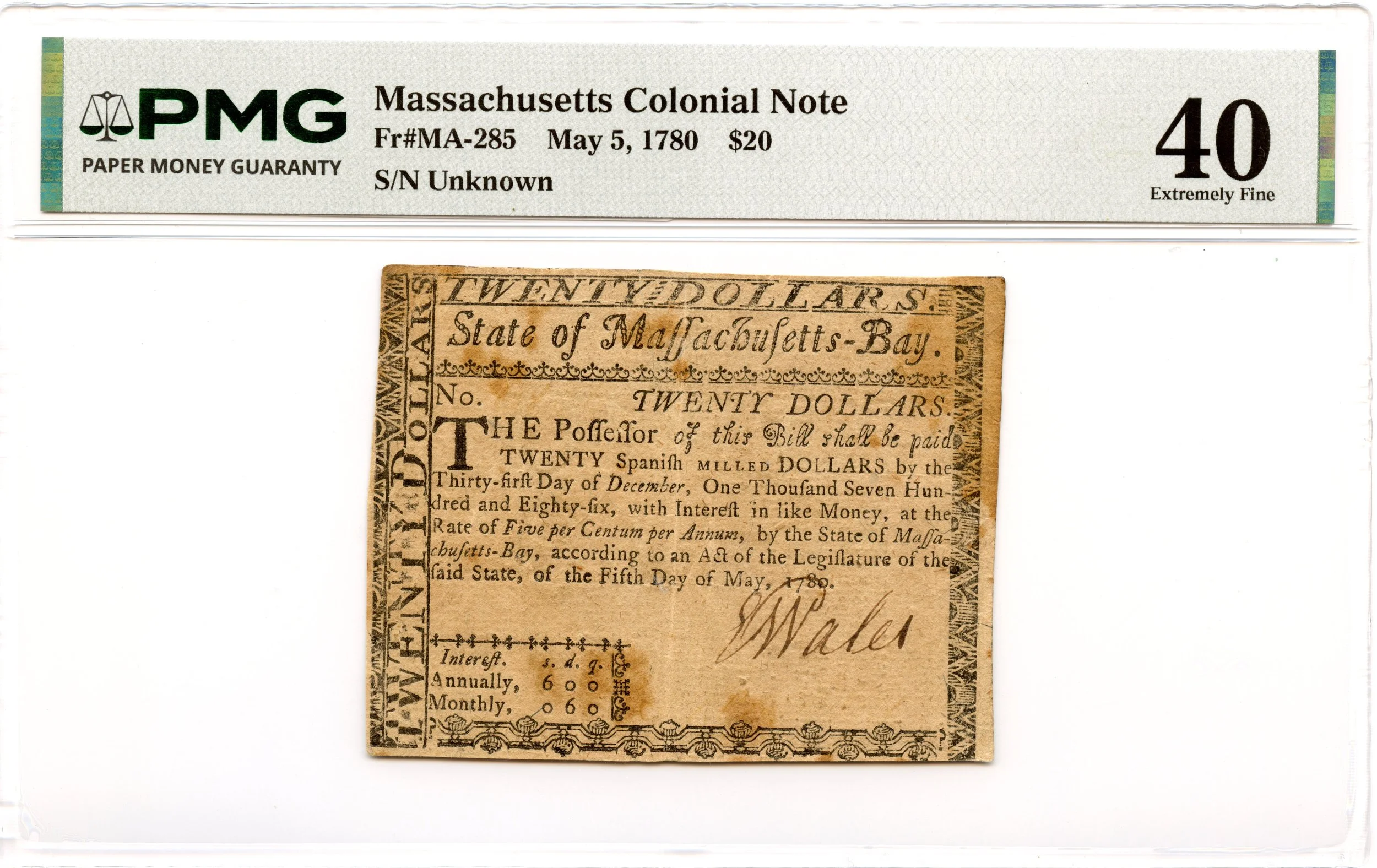 Massachusetts Colonial Note Fr#MA-285 May 5, 1780 $20 PMG XF-40 *Uncancelled*