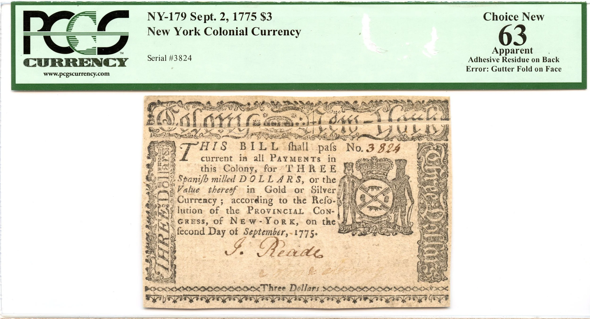 New York Colonial Note Fr#NY-179 September 2, 1775 $3 PCGS CU-63 *Scarce*
