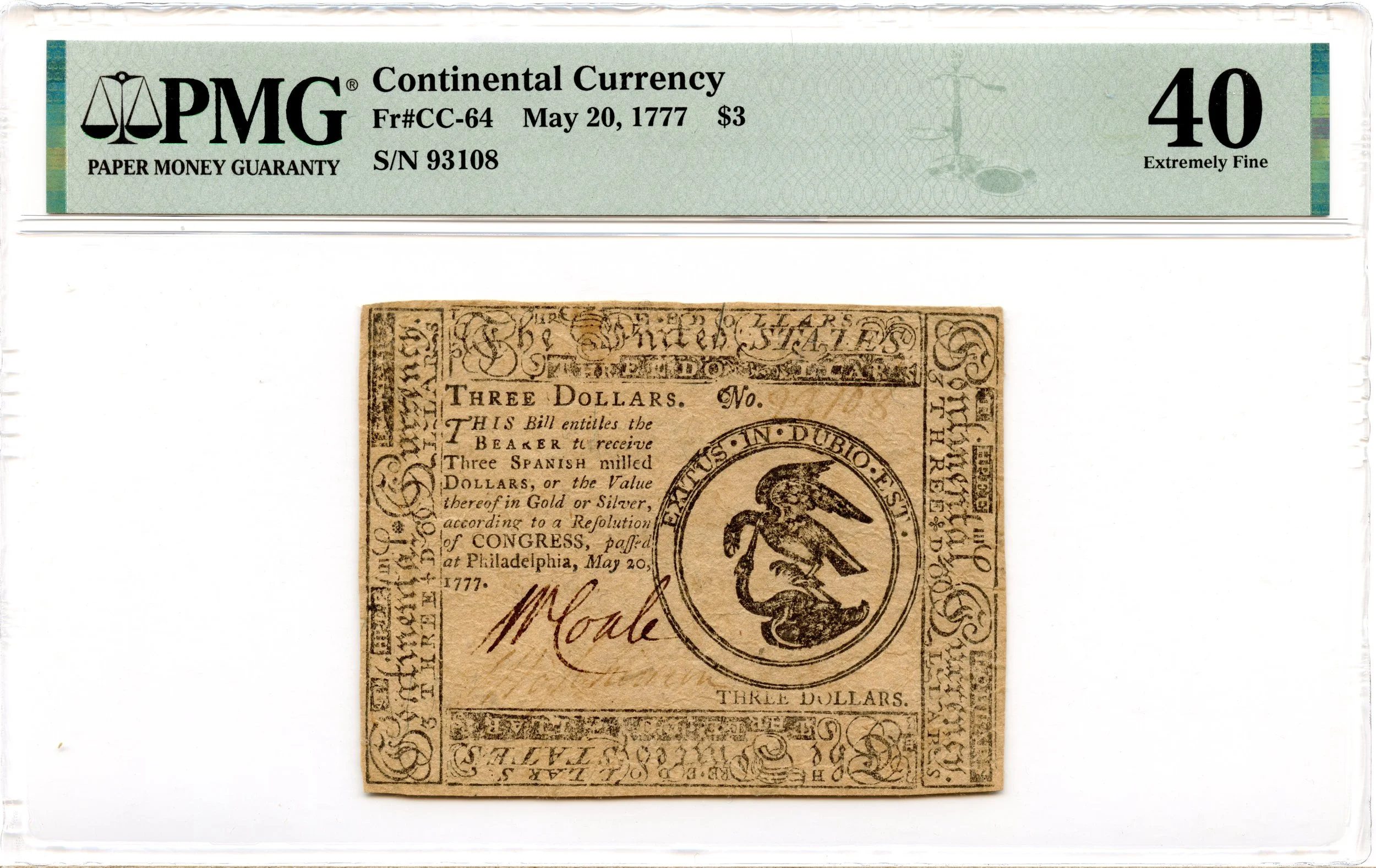 Continental Currency Fr#CC-64 May 20, 1777 $3 PMG XF-40 *Extremely Scarce*