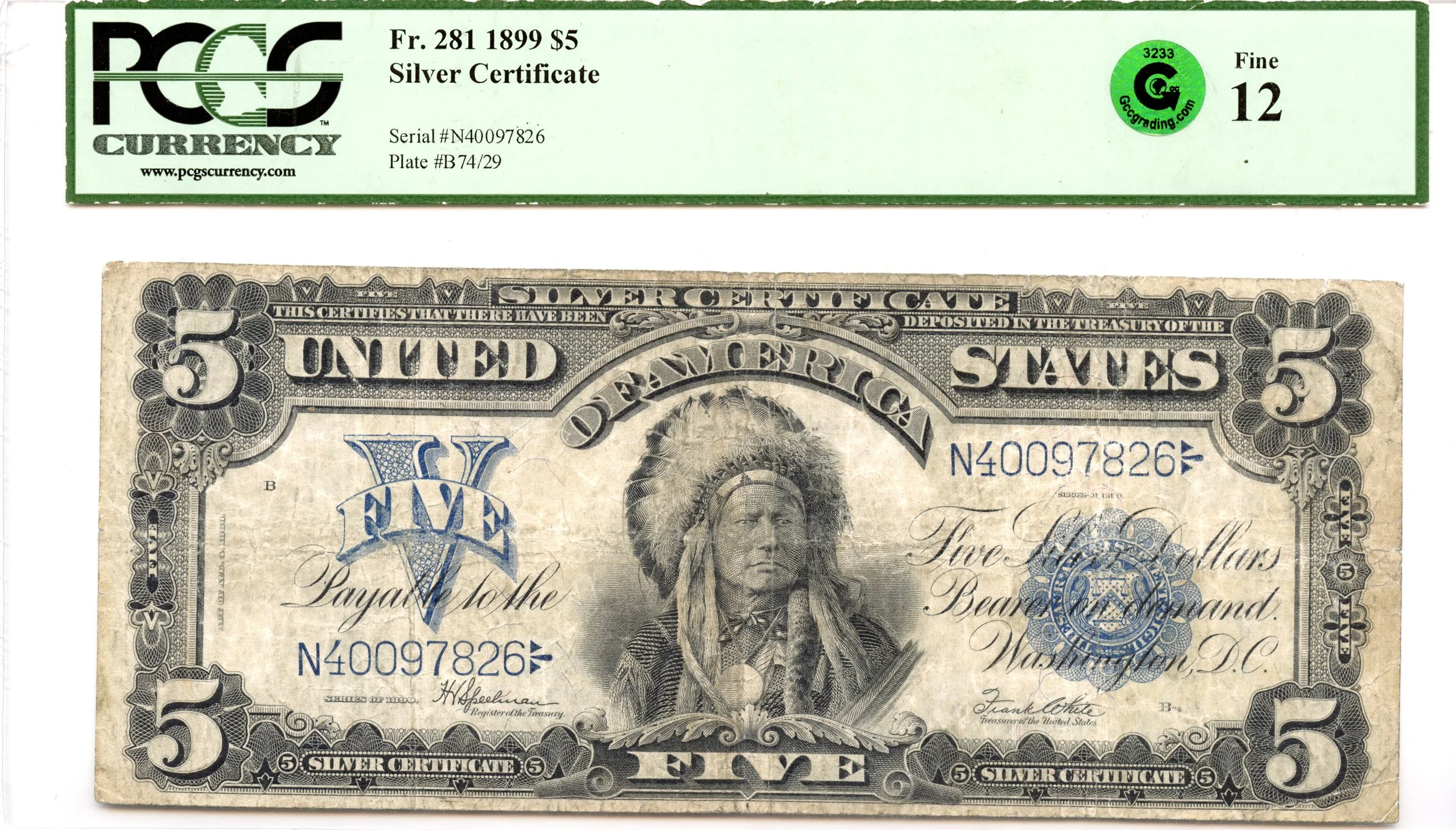 1899 $5 Silver Certificate Fr#281 PCGS F-12 GCC Green *Chief*