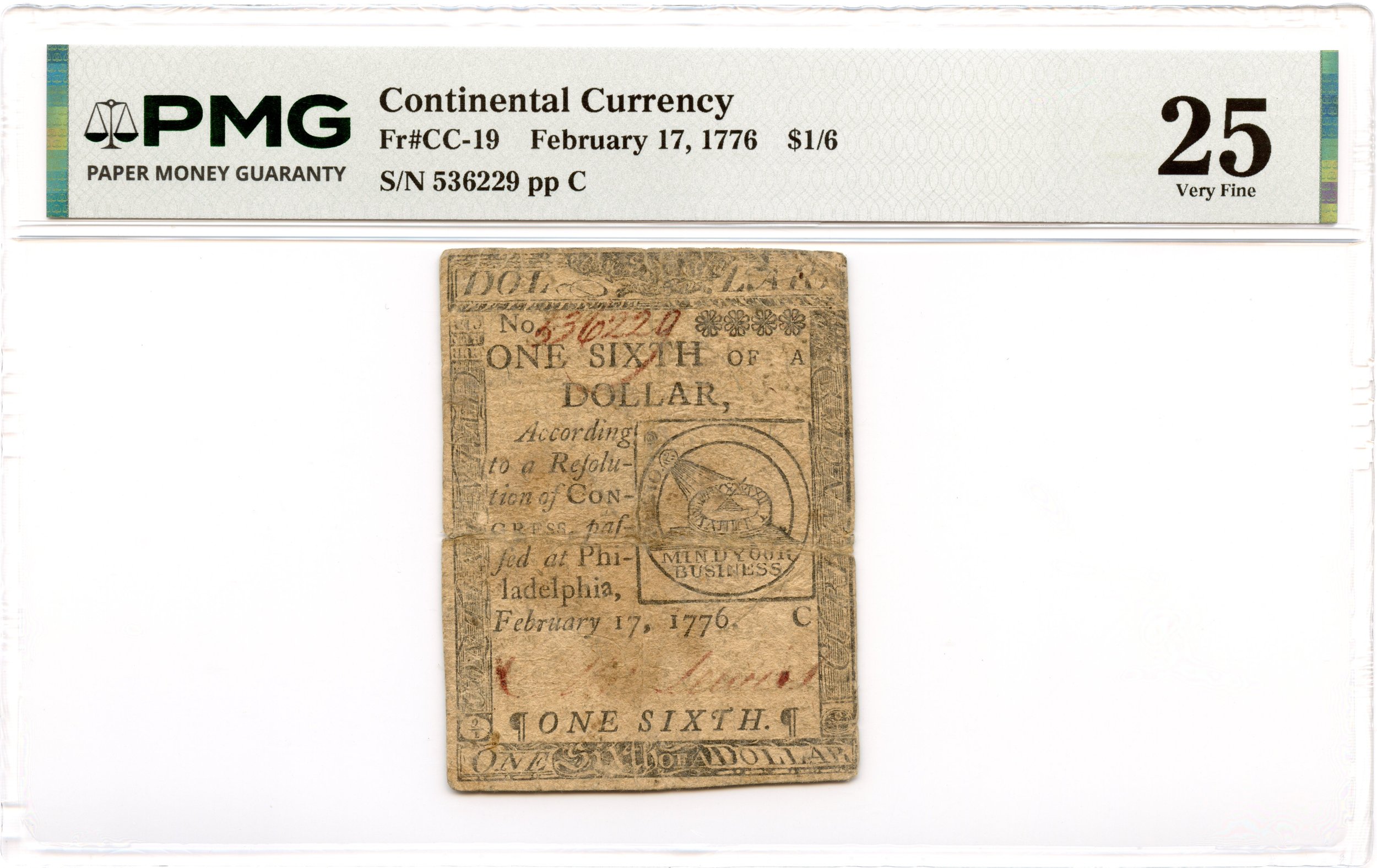 Continental Currency Fr#CC-19 February 17, 1776 $1/6 PMG VF-25 *Fugio Note*