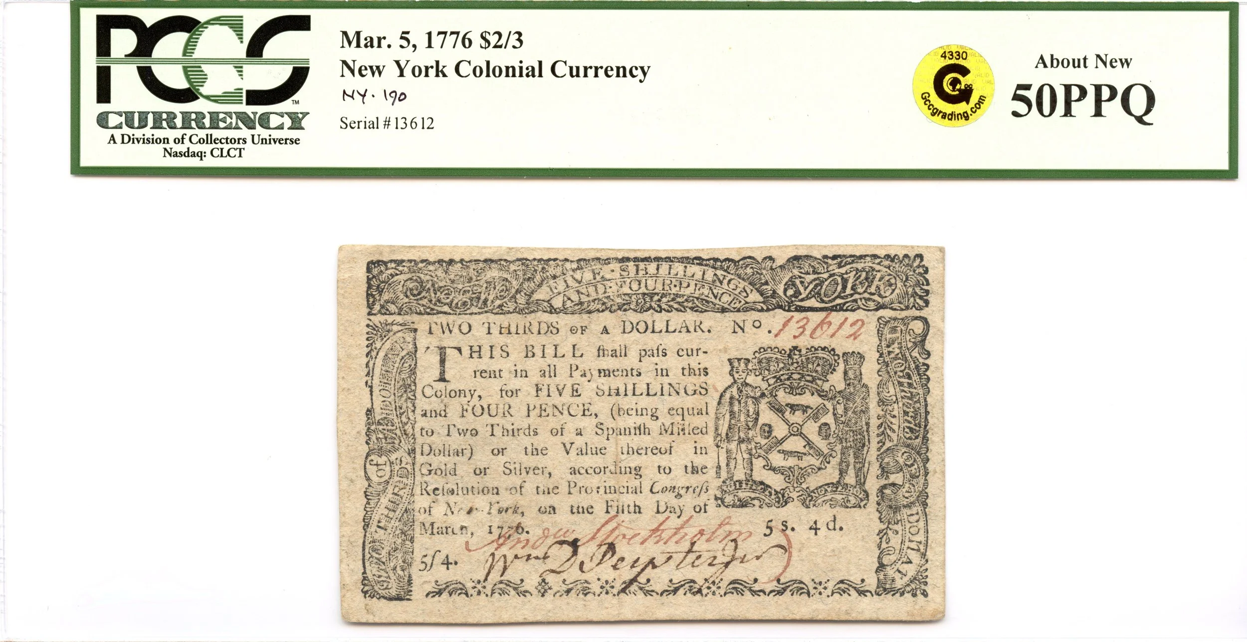 New York Colonial Note Fr#NY-190 March 5, 1776 $2/3 PCGS AU-50 PPQ GCC Gold *Exceptional*