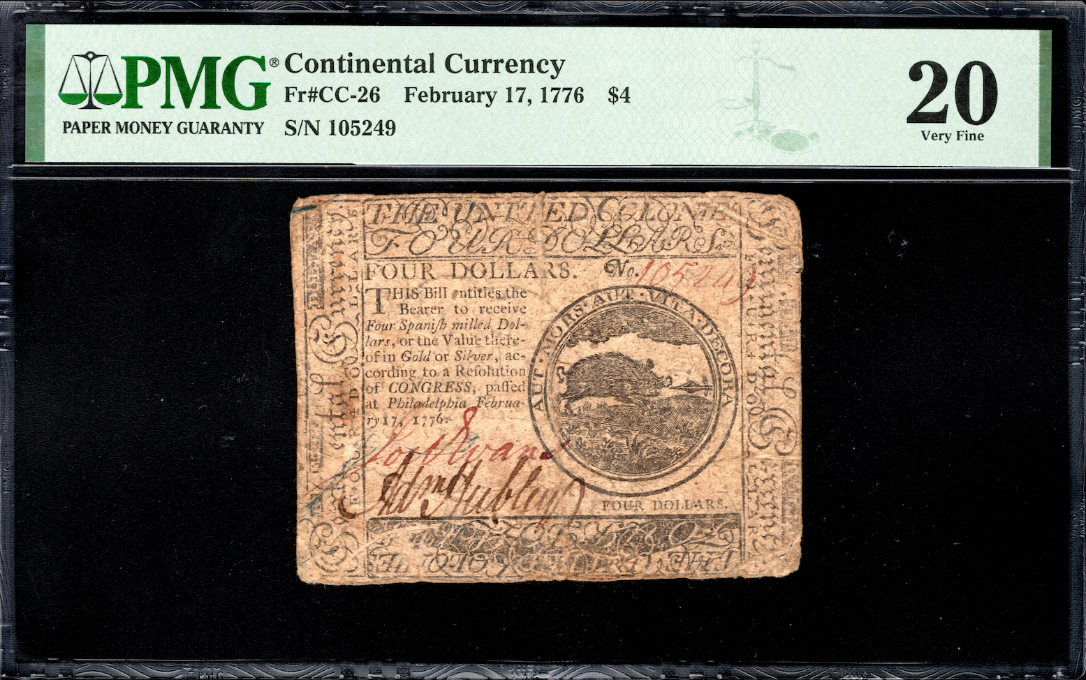 Continental Currency Fr#CC-26 February 17, 1776 $4 PMG 20 *Adam Hubley Signature*