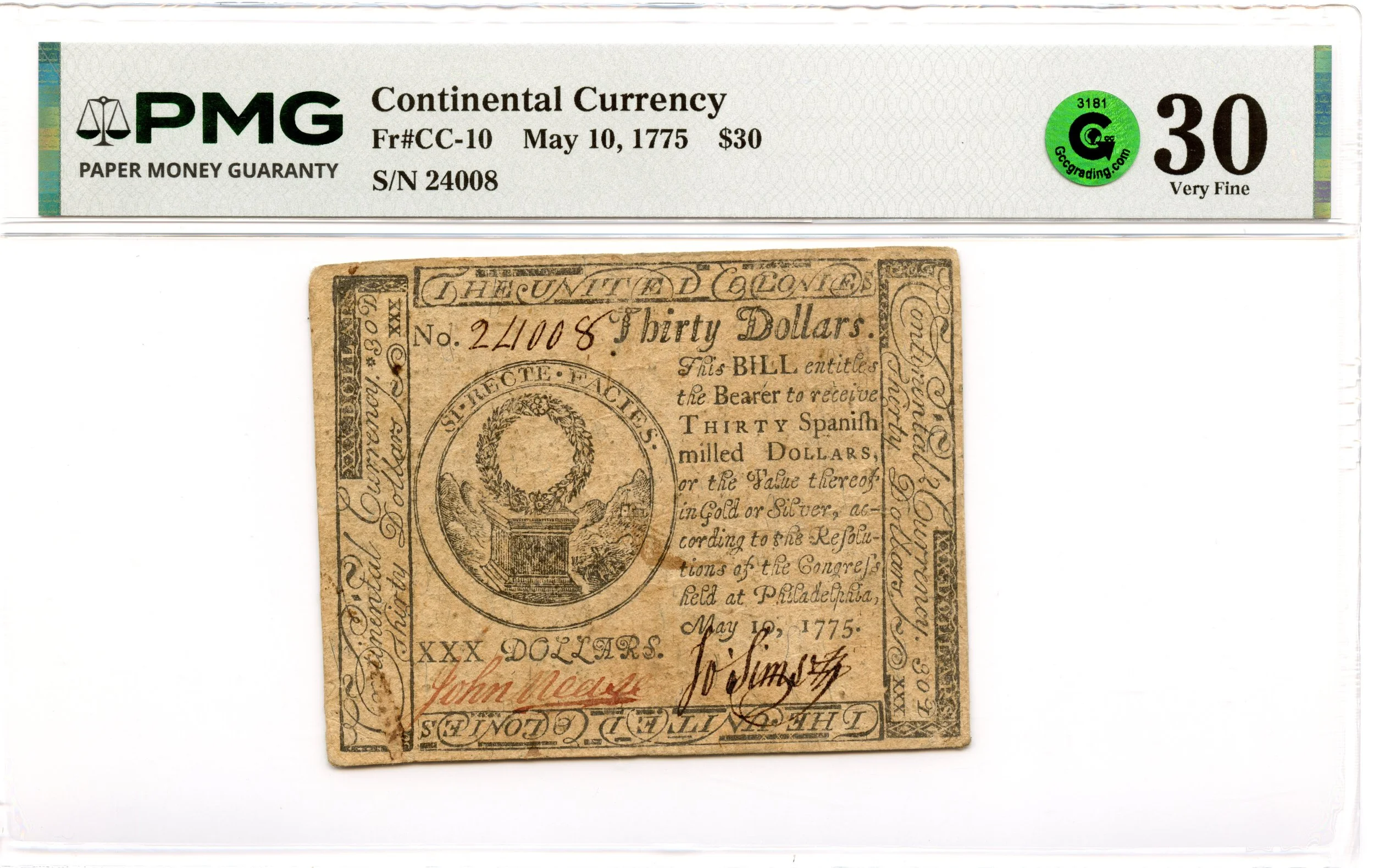 Continental Currency Fr#CC-10 May 10, 1775 $30 PMG VF-30 GCC Green
