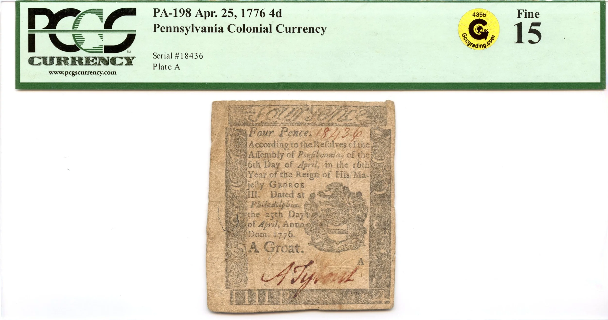 Pennsylvania Colonial Note Fr#PA-198 April 25, 1776 4d PCGS F-15 GCC Gold