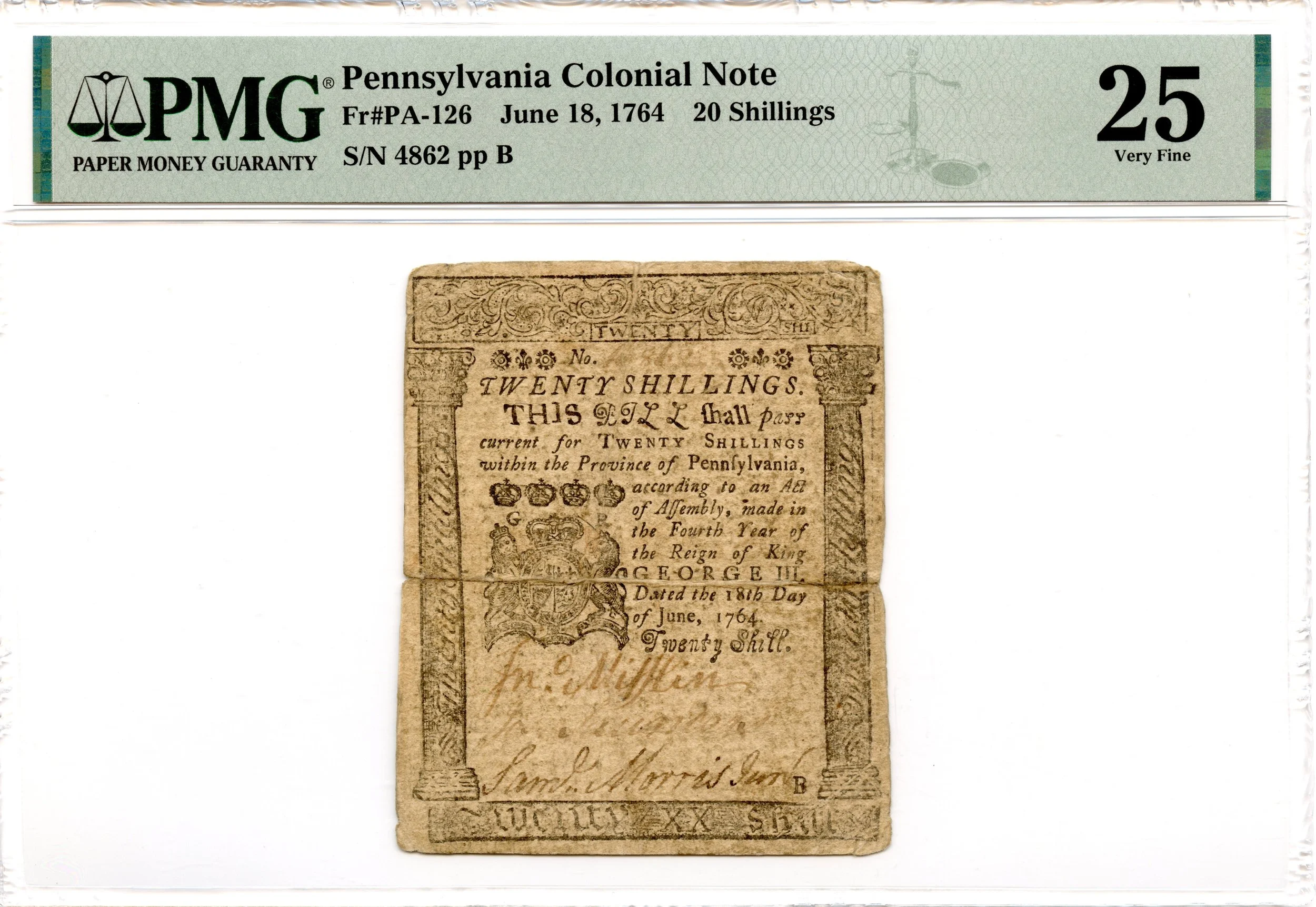 Pennsylvania Colonial Note Fr#PA-126 June 18, 1764 20s PMG VF-25 *Ben Franklin*