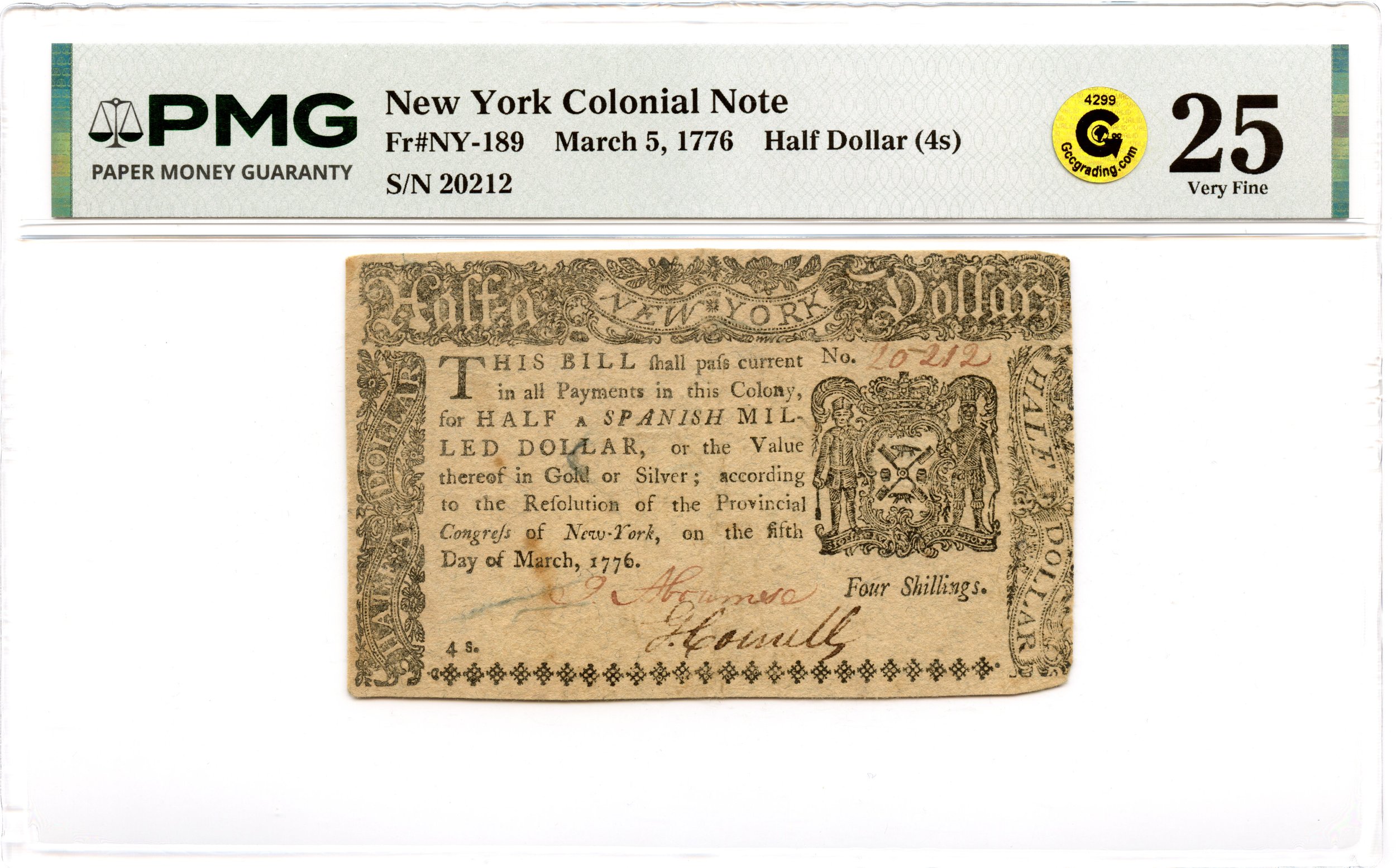 New York Colonial Note Fr#NY-189 March 5, 1776 $1/2 PMG VF-25 GCC Gold