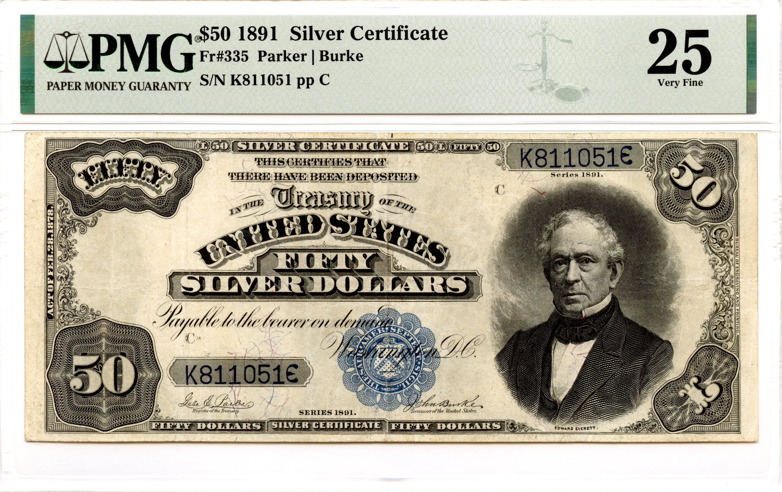 1891 $50 Silver Certificate Fr#335 PMG VF-25 *Edward Everett*