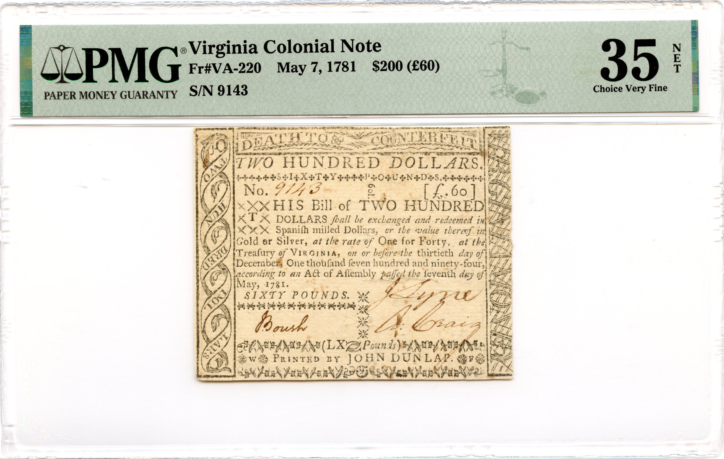 Virginia Colonial Note Fr#VA-220 May 7, 1781 $200 PMG VF-35