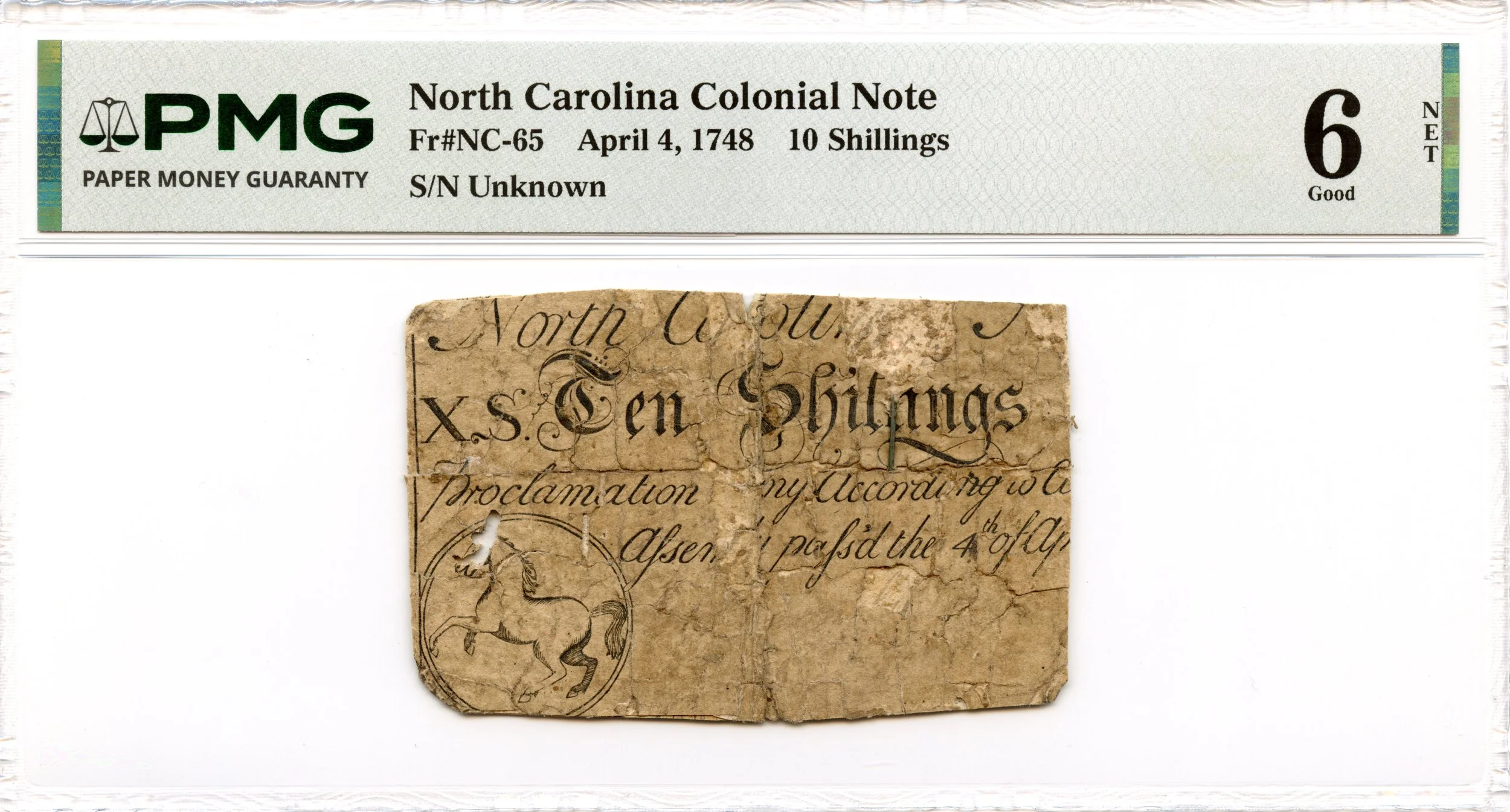 North Carolina Colonial Note Fr#NC-65 April 4, 1748 10s PMG G-6