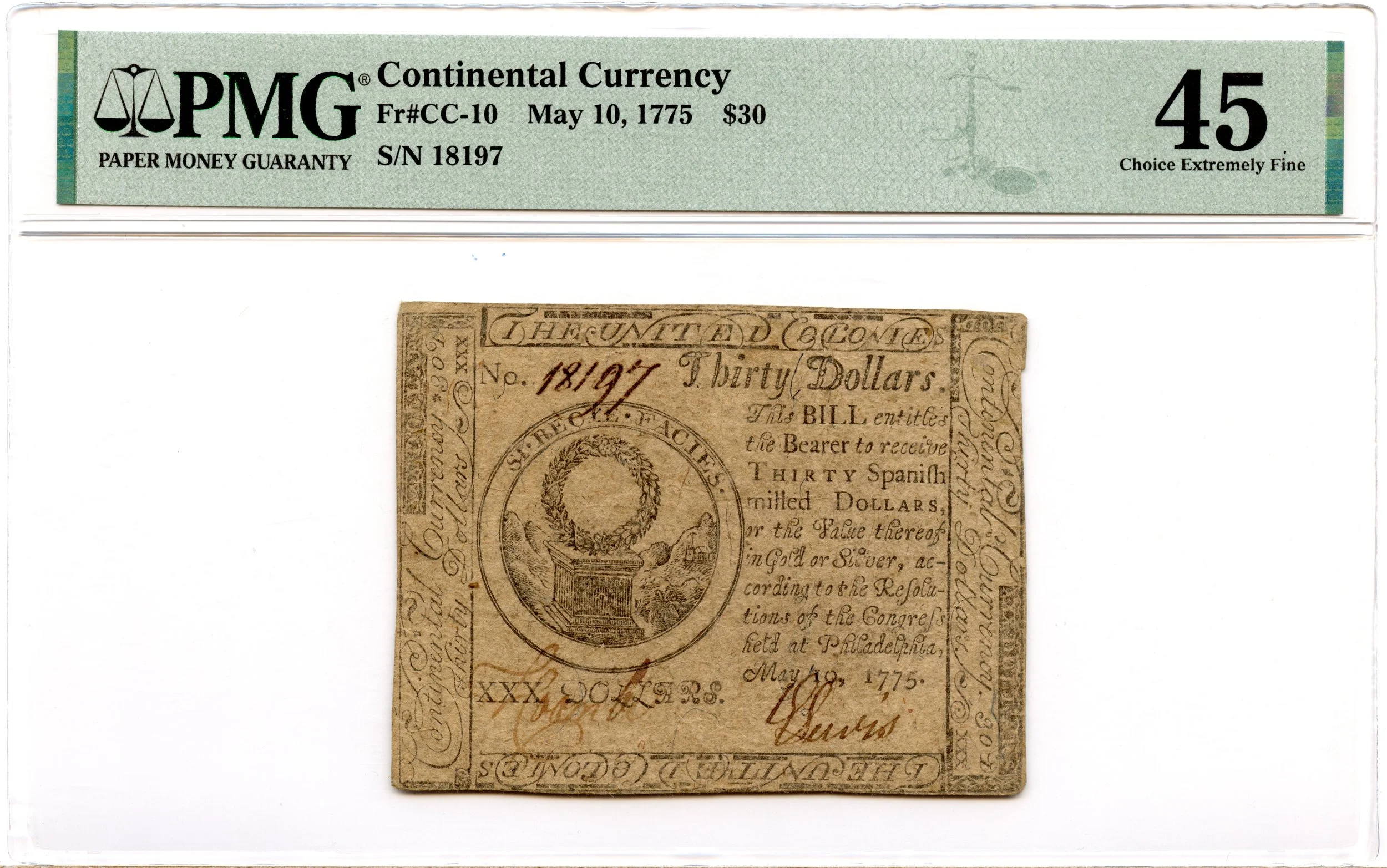 Continental Currency Fr#CC-10 May 10, 1775 $30 PMG XF-45 *First Issue*