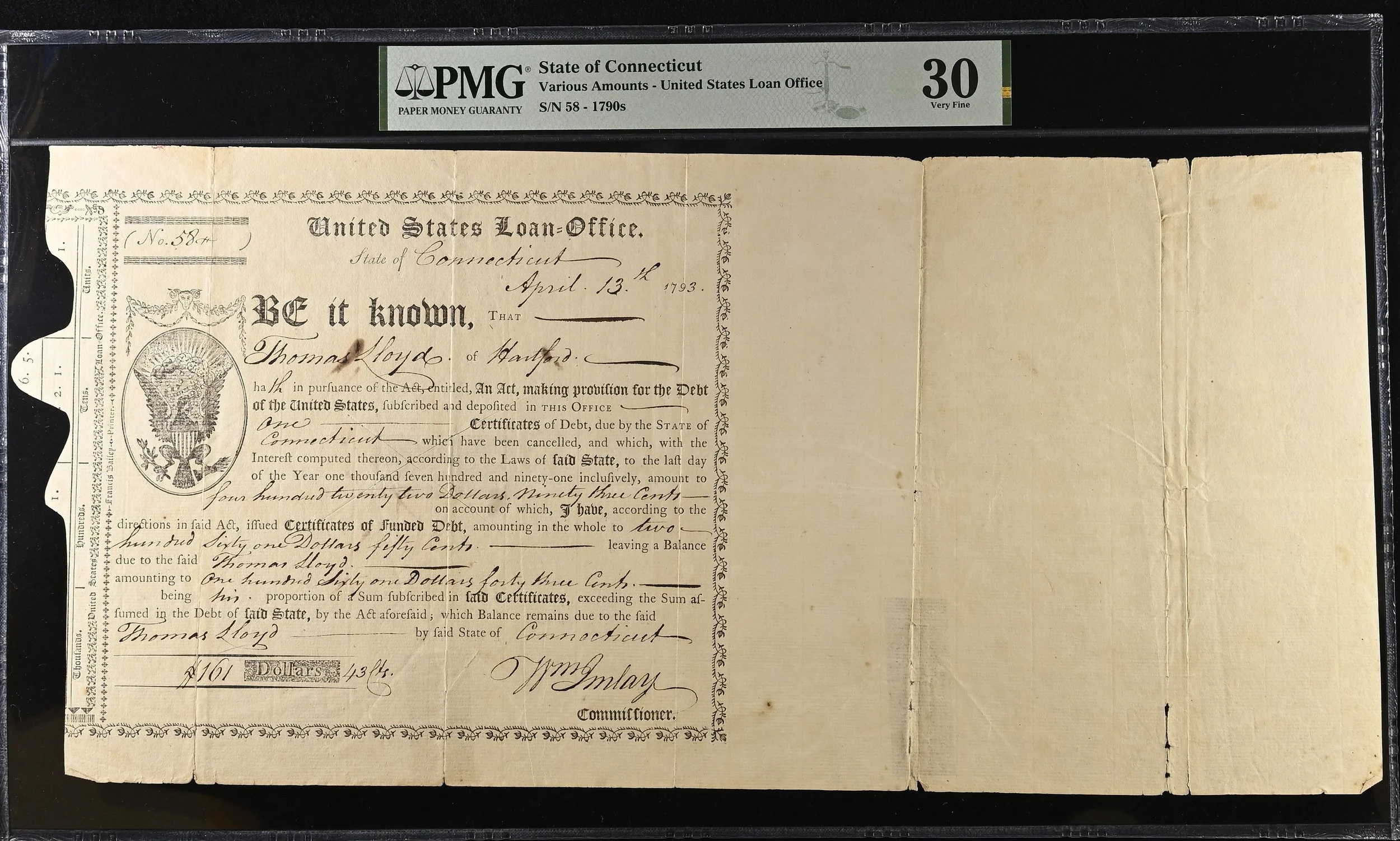 1793 $161.43 United States Loan Office Certificate Connecticut Anderson CT-56 PMG VF-30