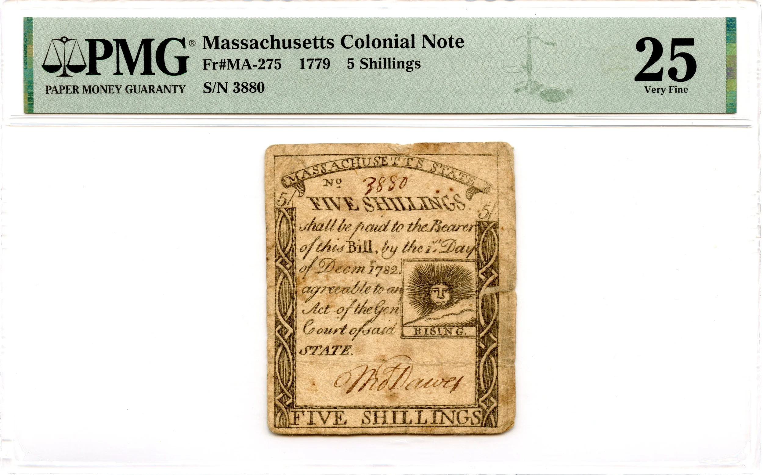 Massachusetts Colonial Note Fr#MA-275 1779 5s PMG VF-25 *Paul Revere Sun*