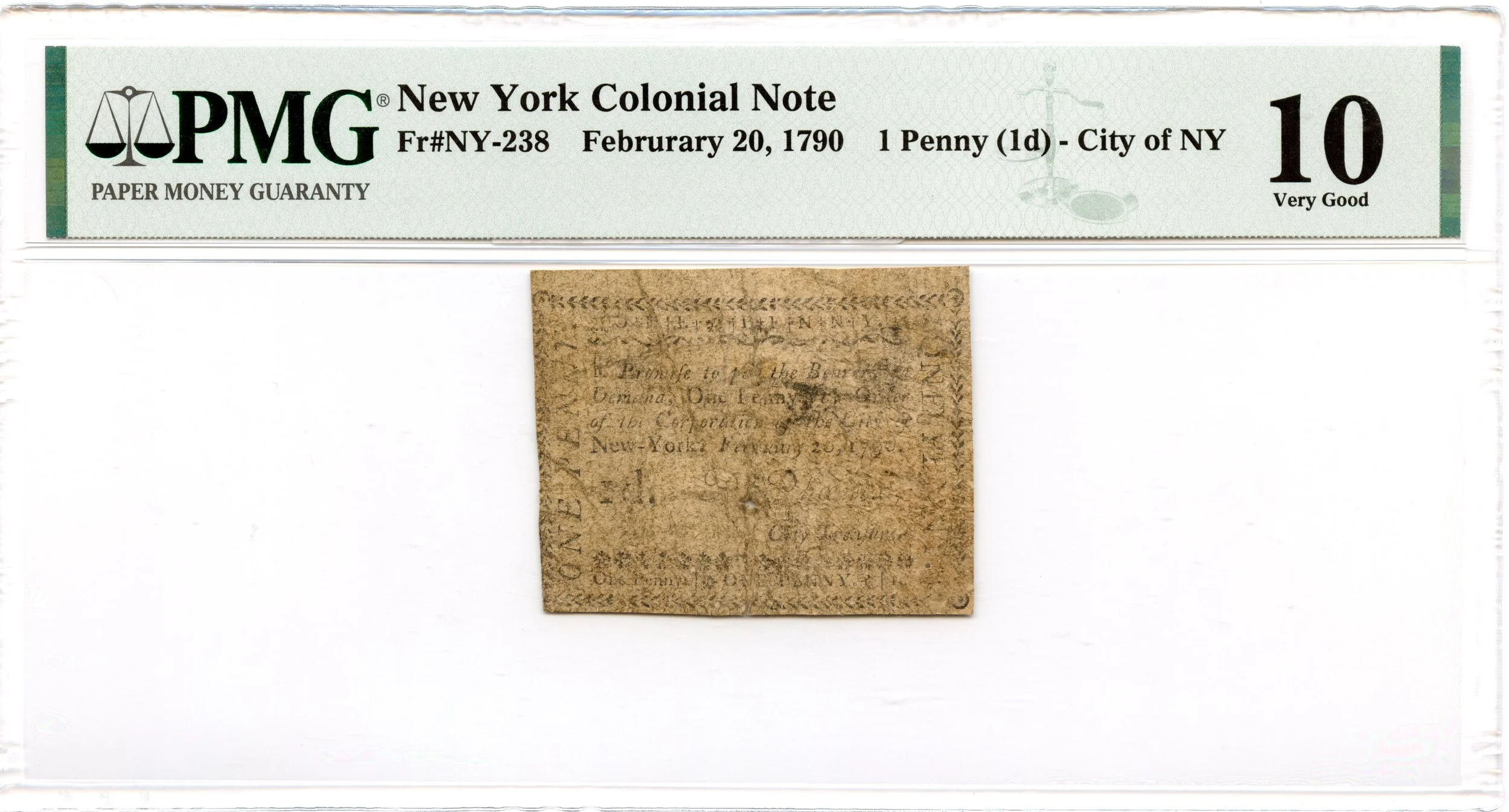 New York Colonial Note Fr#NY-238 February 20, 1790 1 Penny PMG VG-10 *16 Known*