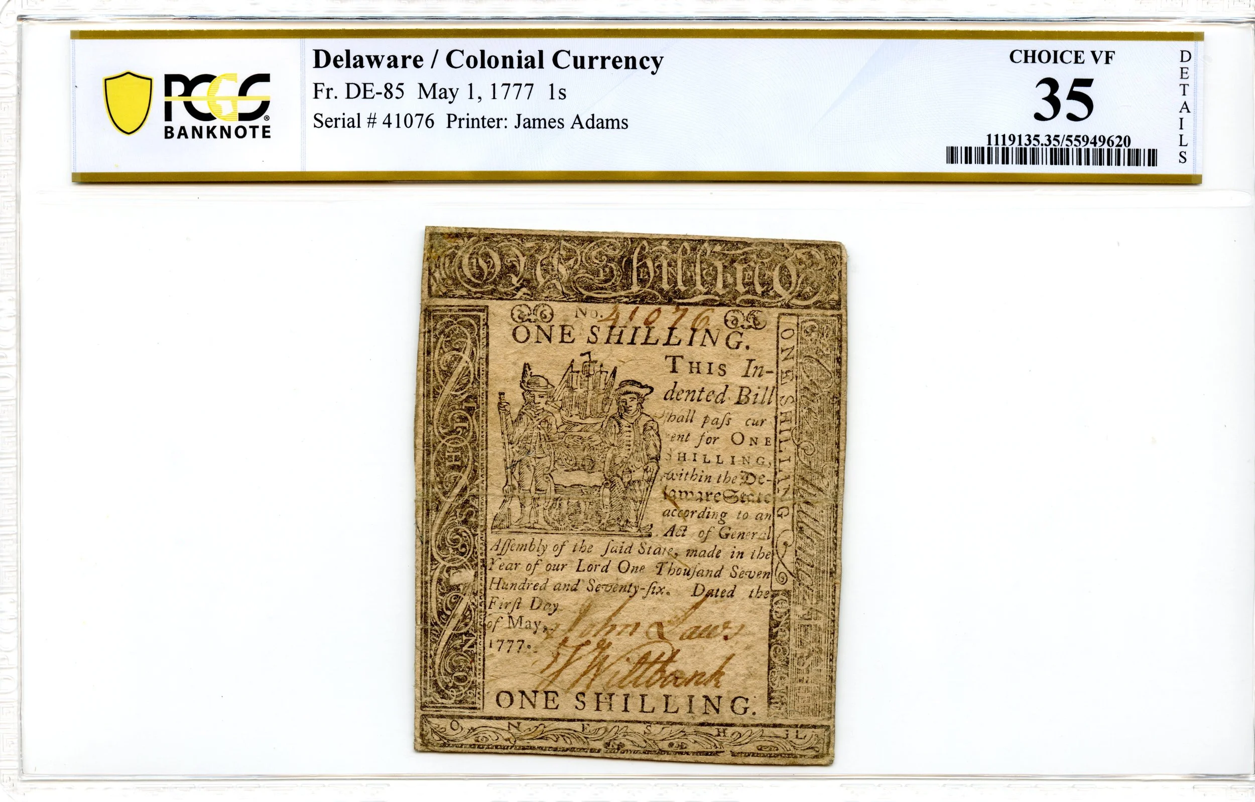 Delaware Colonial Note Fr#DE-85 May 1, 1777 1s PCGS VF-35 *Scarce*