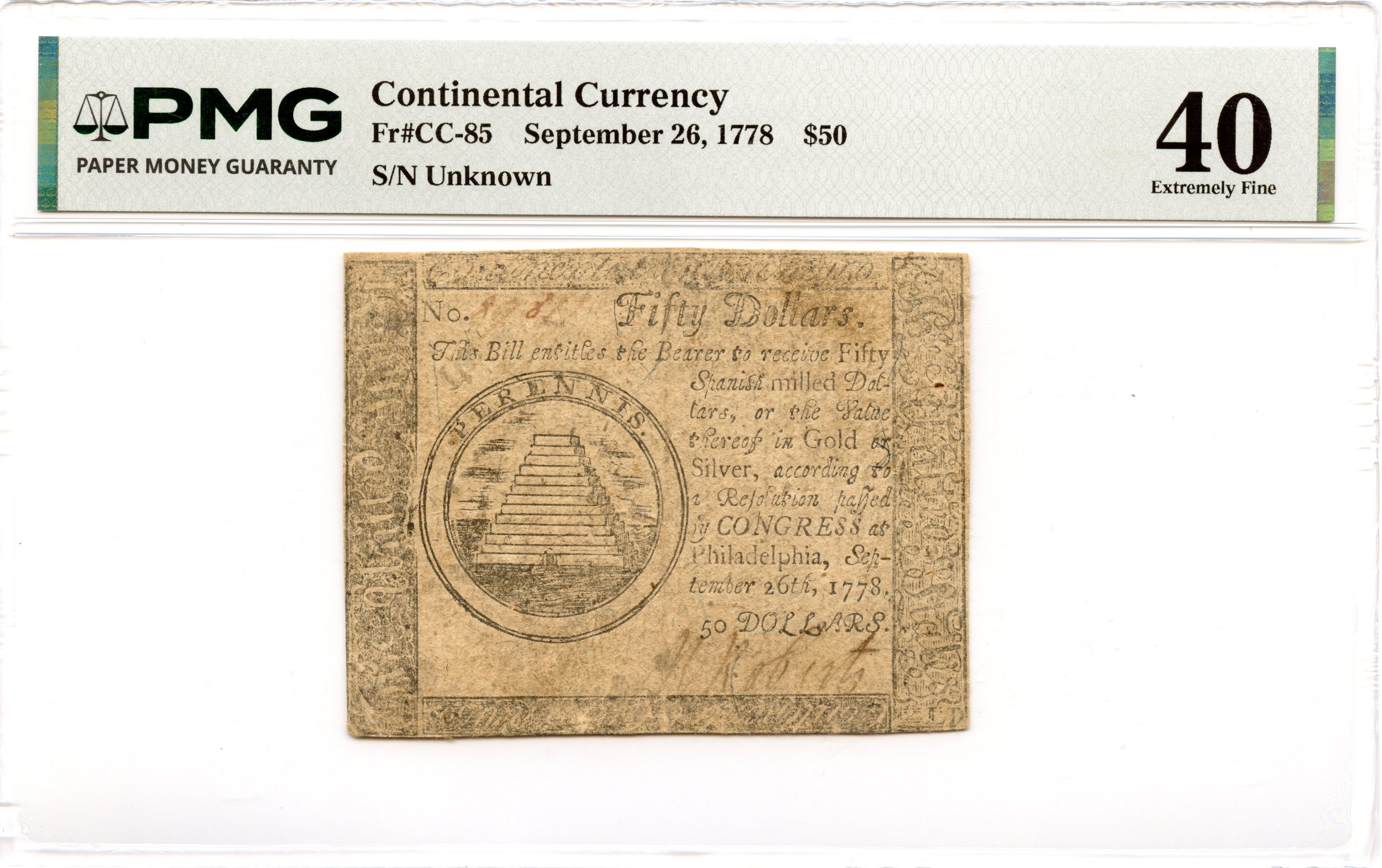 Continental Currency Fr#CC-85 September 26, 1778 $50 PMG XF-40