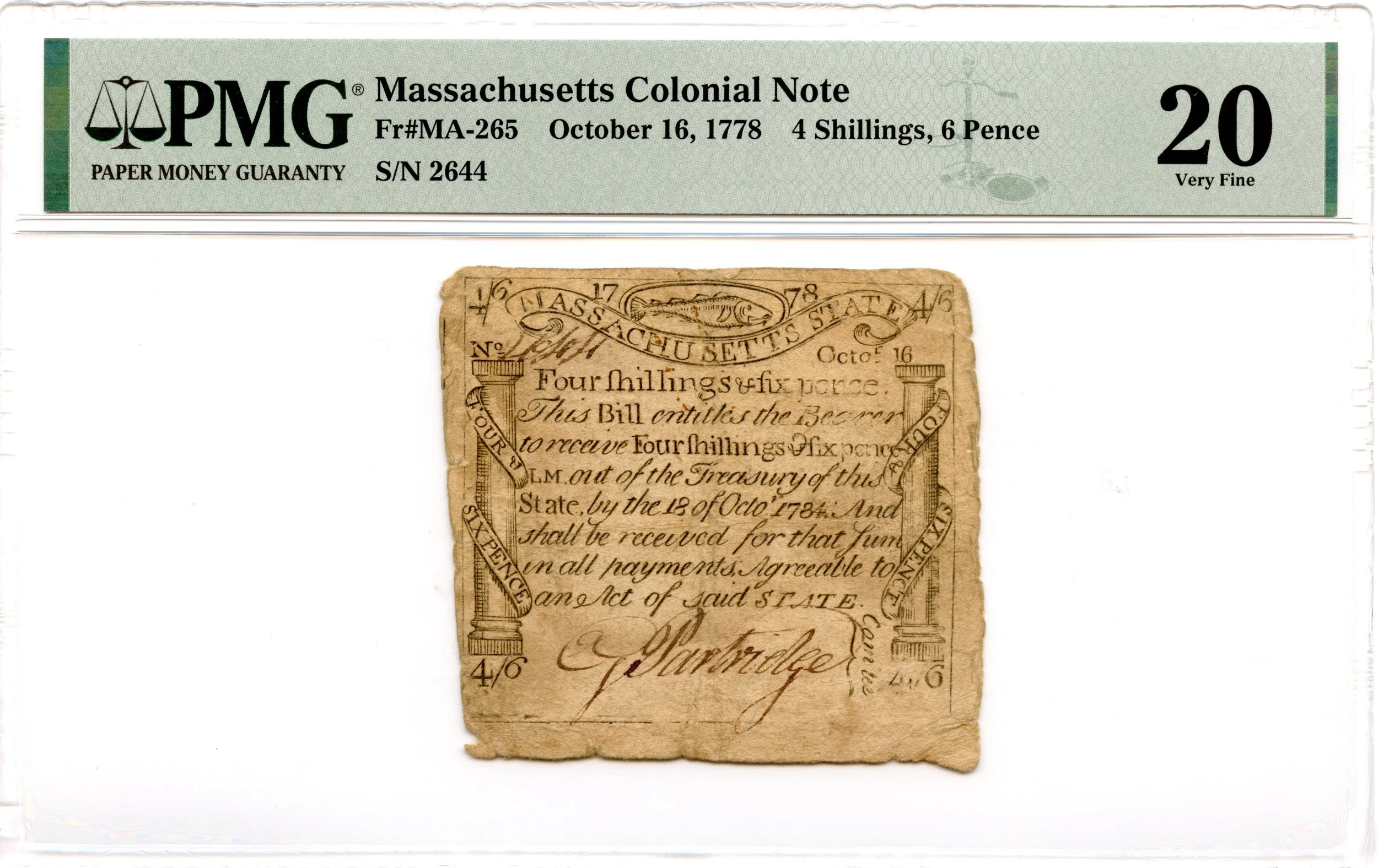 Massachusetts Colonial Note Fr#MA-265 October 16, 1778 4s6d PMG VF-20 *Paul Revere Codfish*