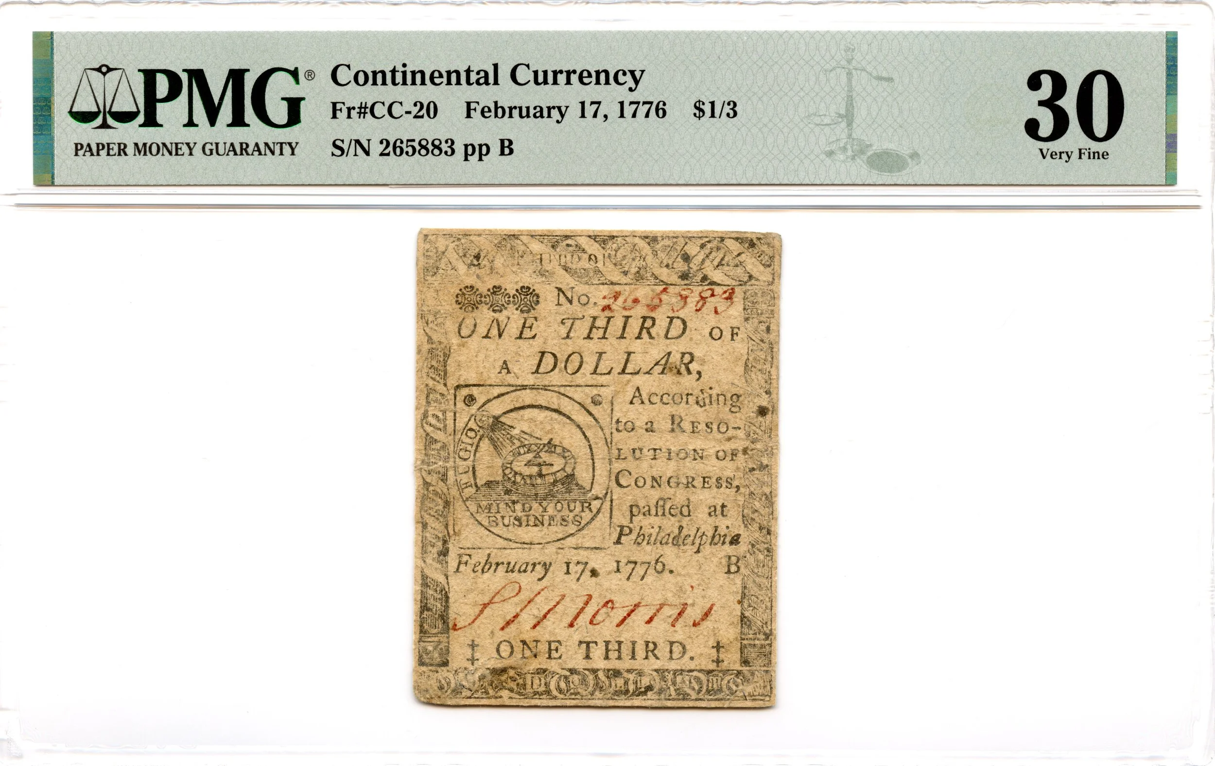 Continental Currency Fr#CC-20 February 17, 1776 $1/3 PMG VF-30 *Fugio Note*