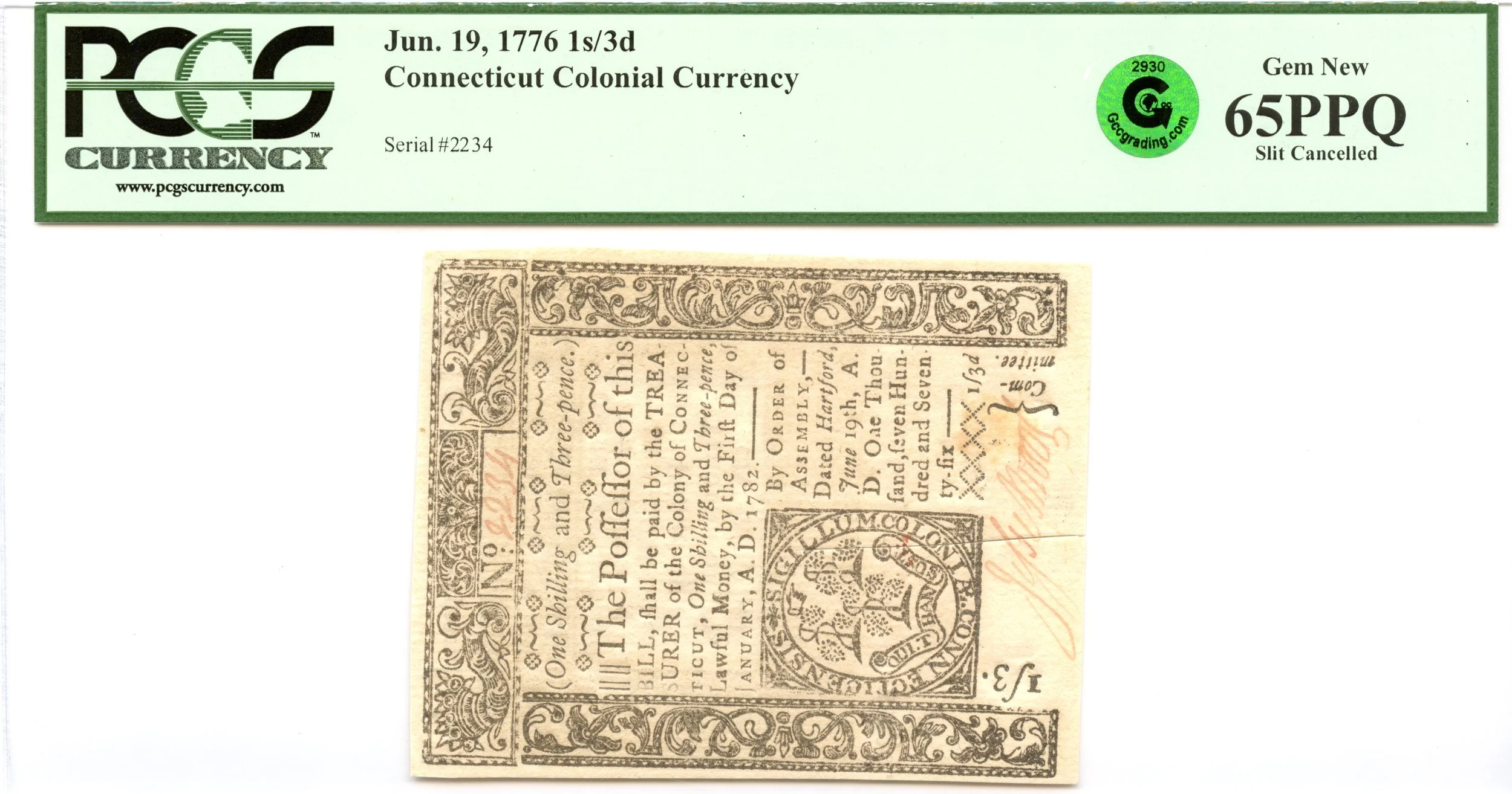 Connecticut Colonial Note Fr#CT-208 June 19, 1776 1s3d PCGS GEM 65 PPQ GCC *Exceptional*