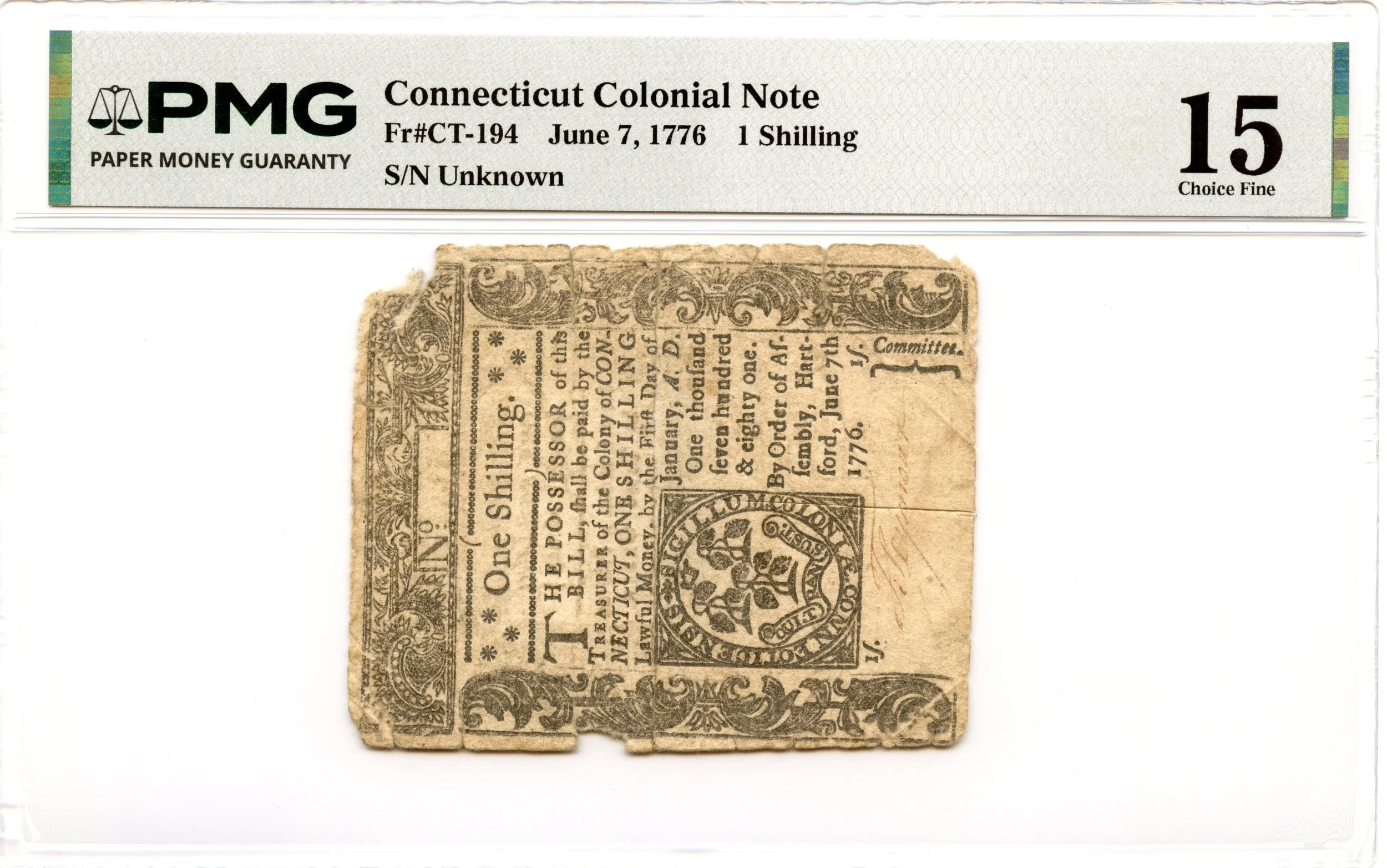 Connecticut Colonial Note Fr#CT-194 June 7, 1776 1s PMG F-15