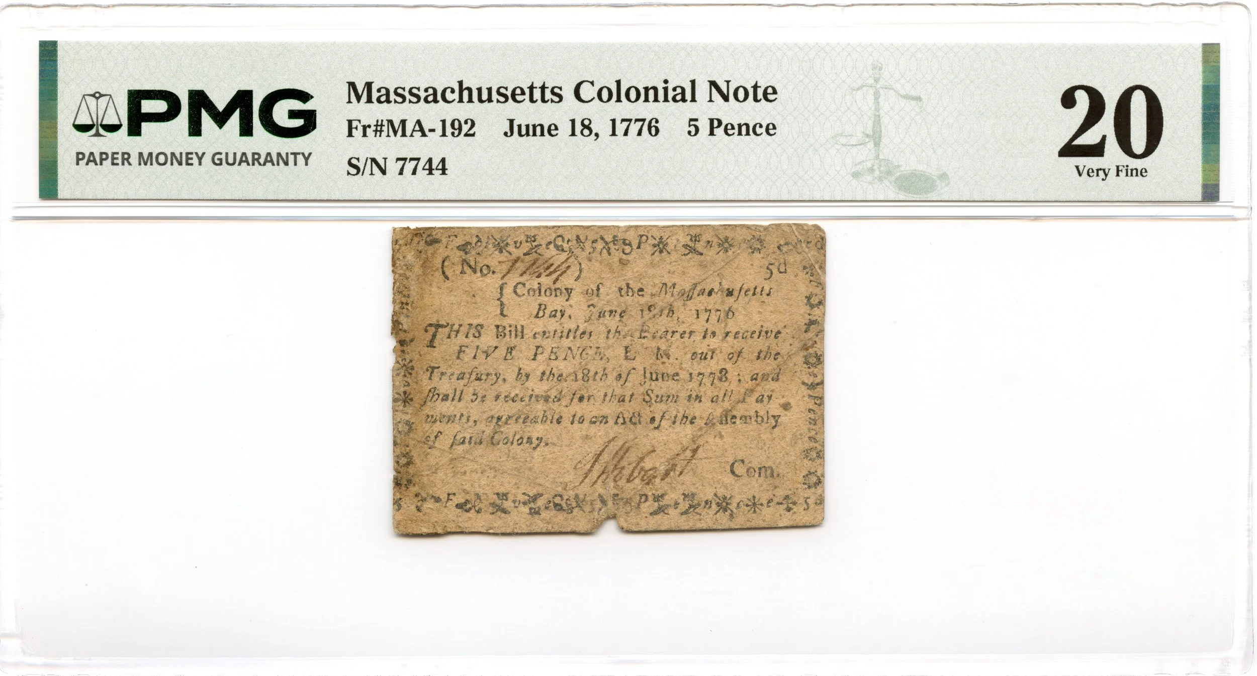 Massachusetts Colonial Note Fr#MA-192 June 18, 1776 5d PMG VF-20 *8 Known*