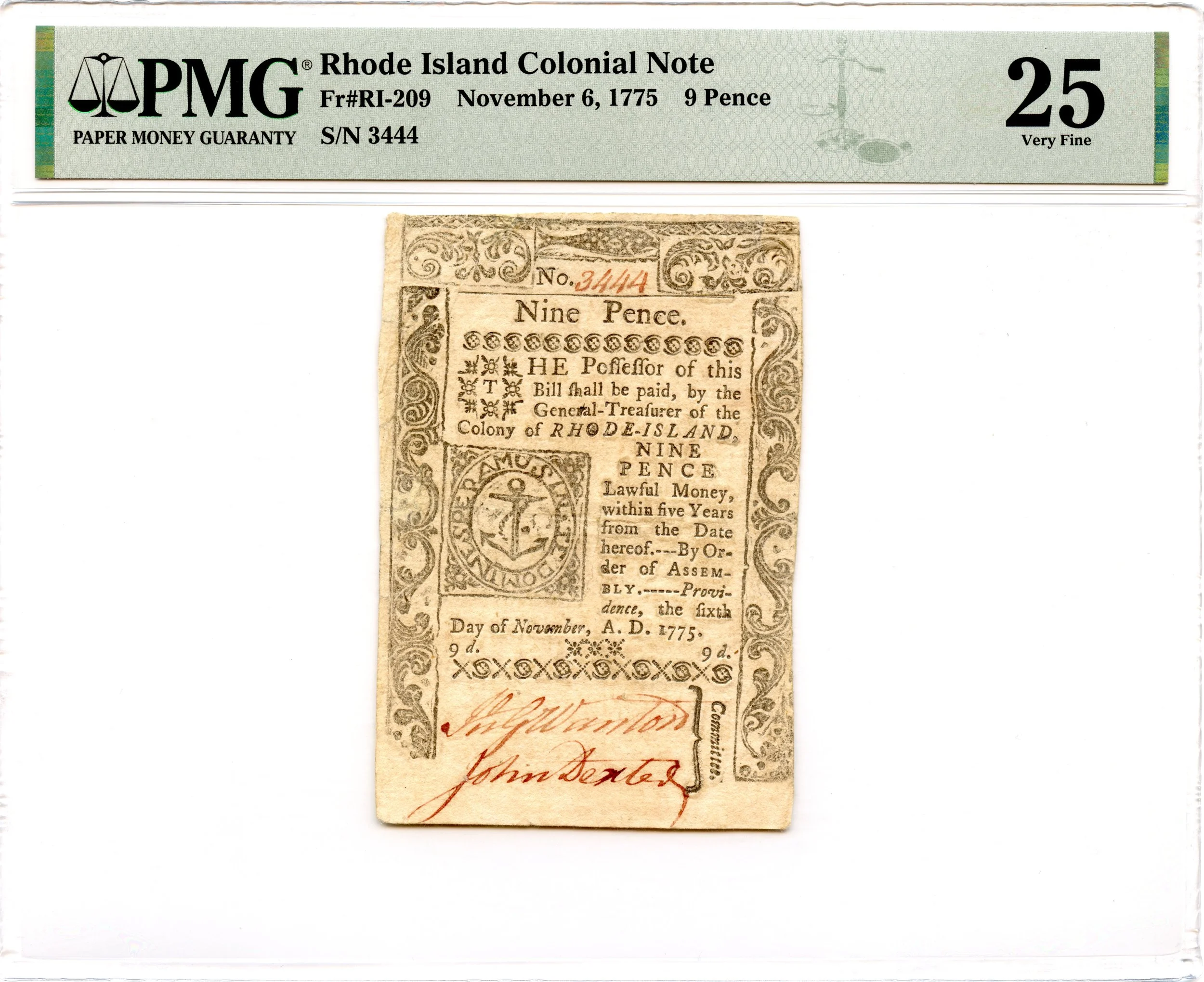Rhode Island Colonial Note Fr#RI-209 November 6, 1775 9d PMG VF-25 *Finest Known*