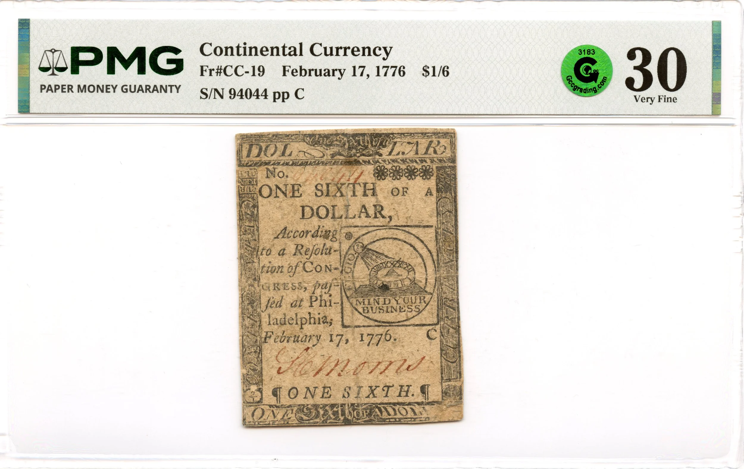 Continental Currency Fr#CC-19 February 17, 1776 $1/6 PMG VF-30 GCC Green *Fugio Note*