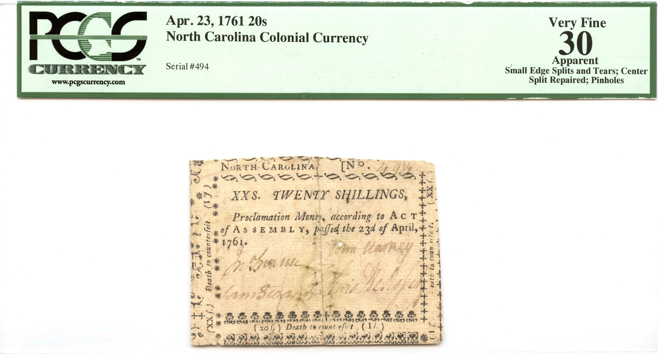 North Carolina Colonial Note Fr#NC-124 April 23, 1761 20s PCGS VF-30