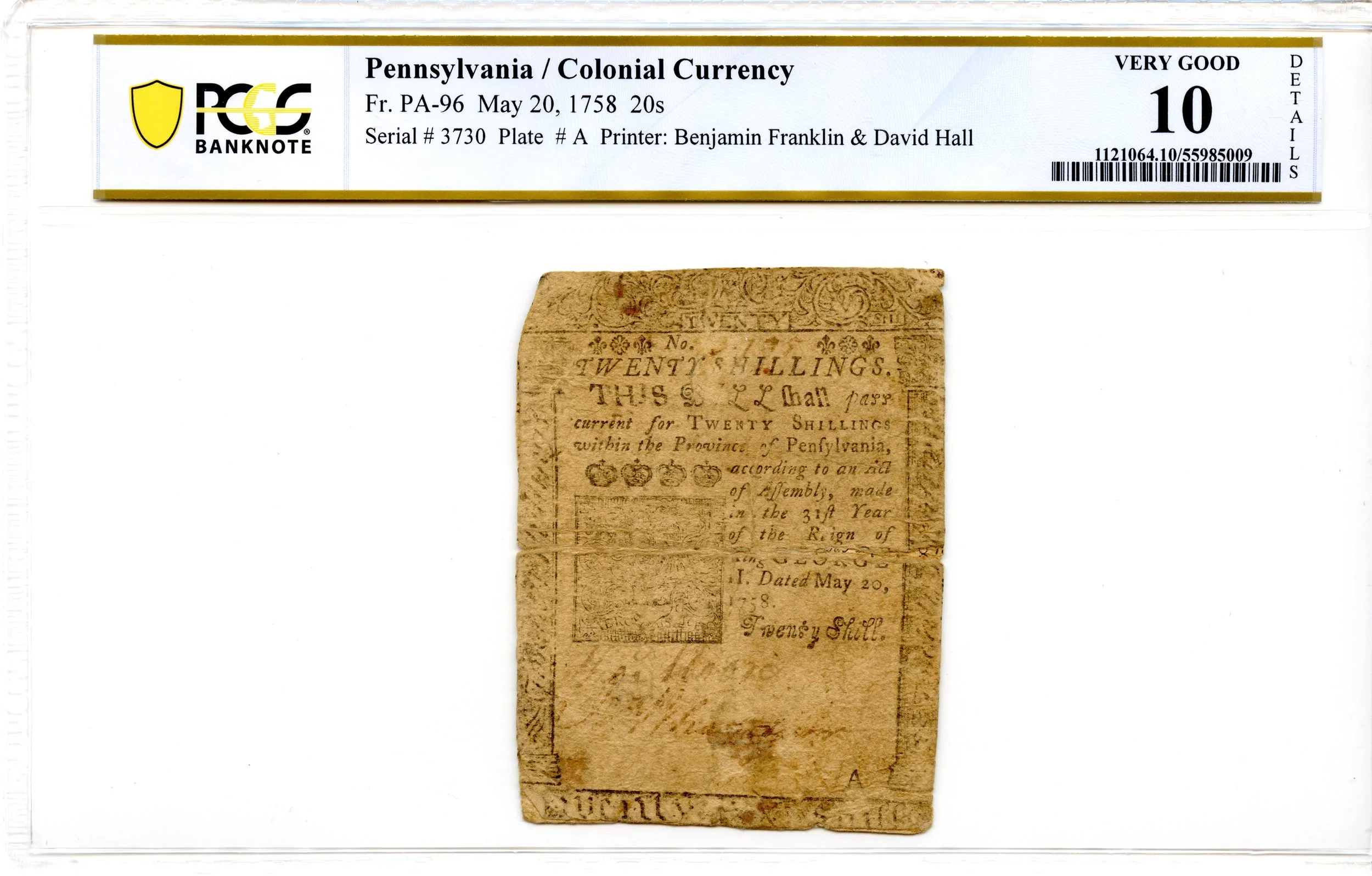 Pennsylvania Colonial Note Fr#PA-96 May 20, 1758 20s PCGS VG-10 *Ben Franklin*