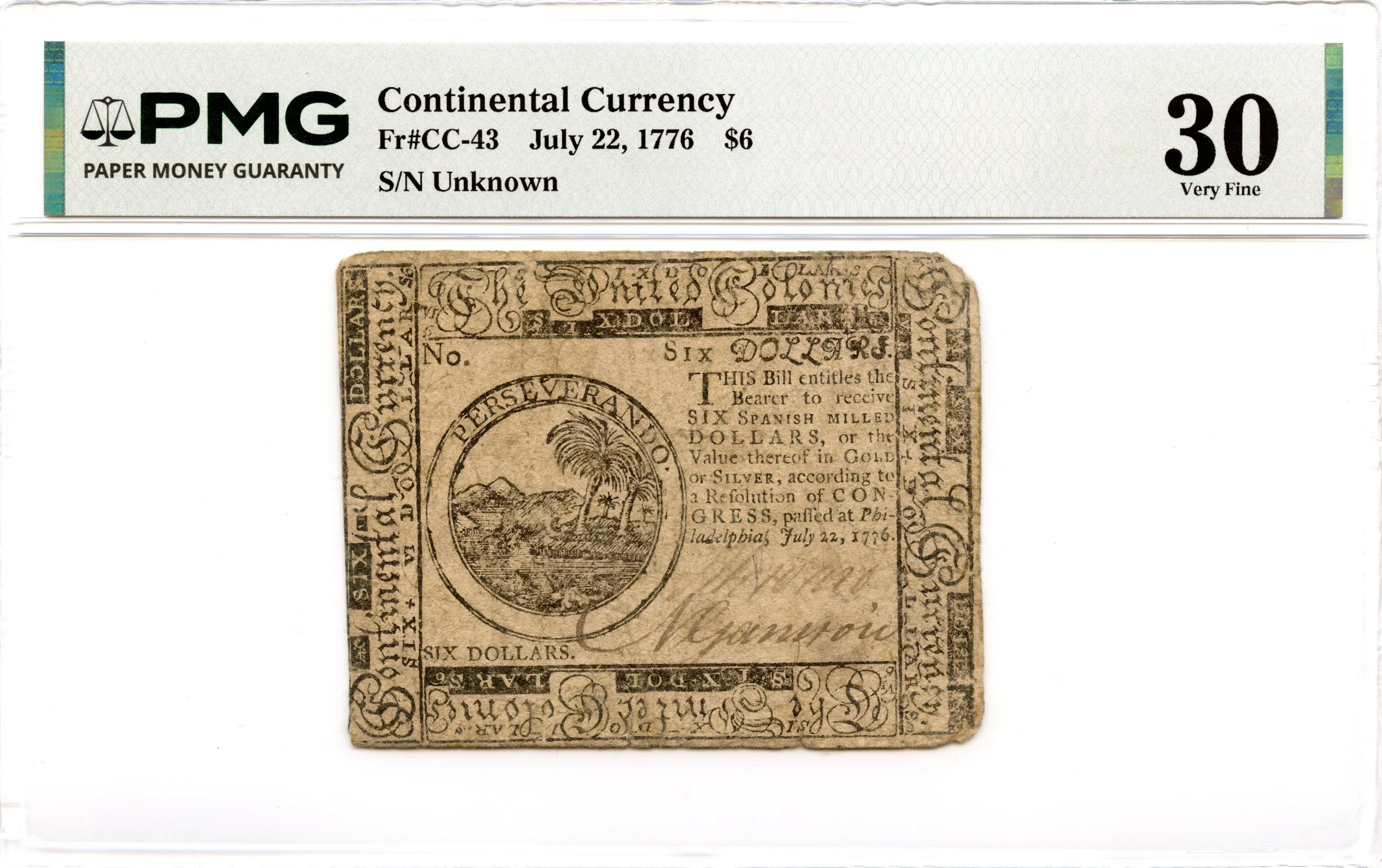 Continental Currency Fr#CC-43 July 22, 1776 $6 PMG VF-30 *Scarce Issue*