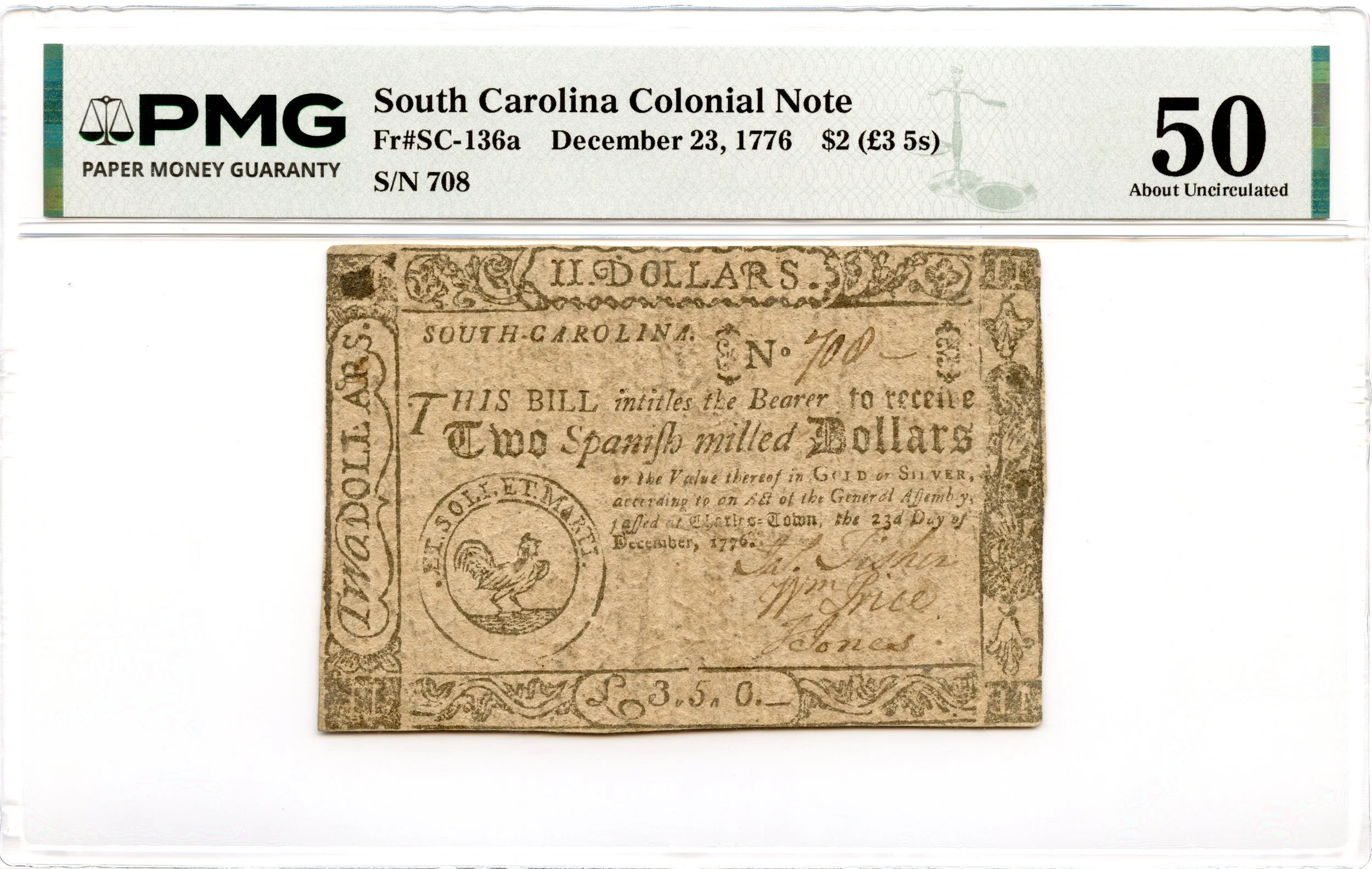South Carolina Colonial Note Fr#SC-136a December 23, 1776 $2 PMG AU-50 *Fully Signed*