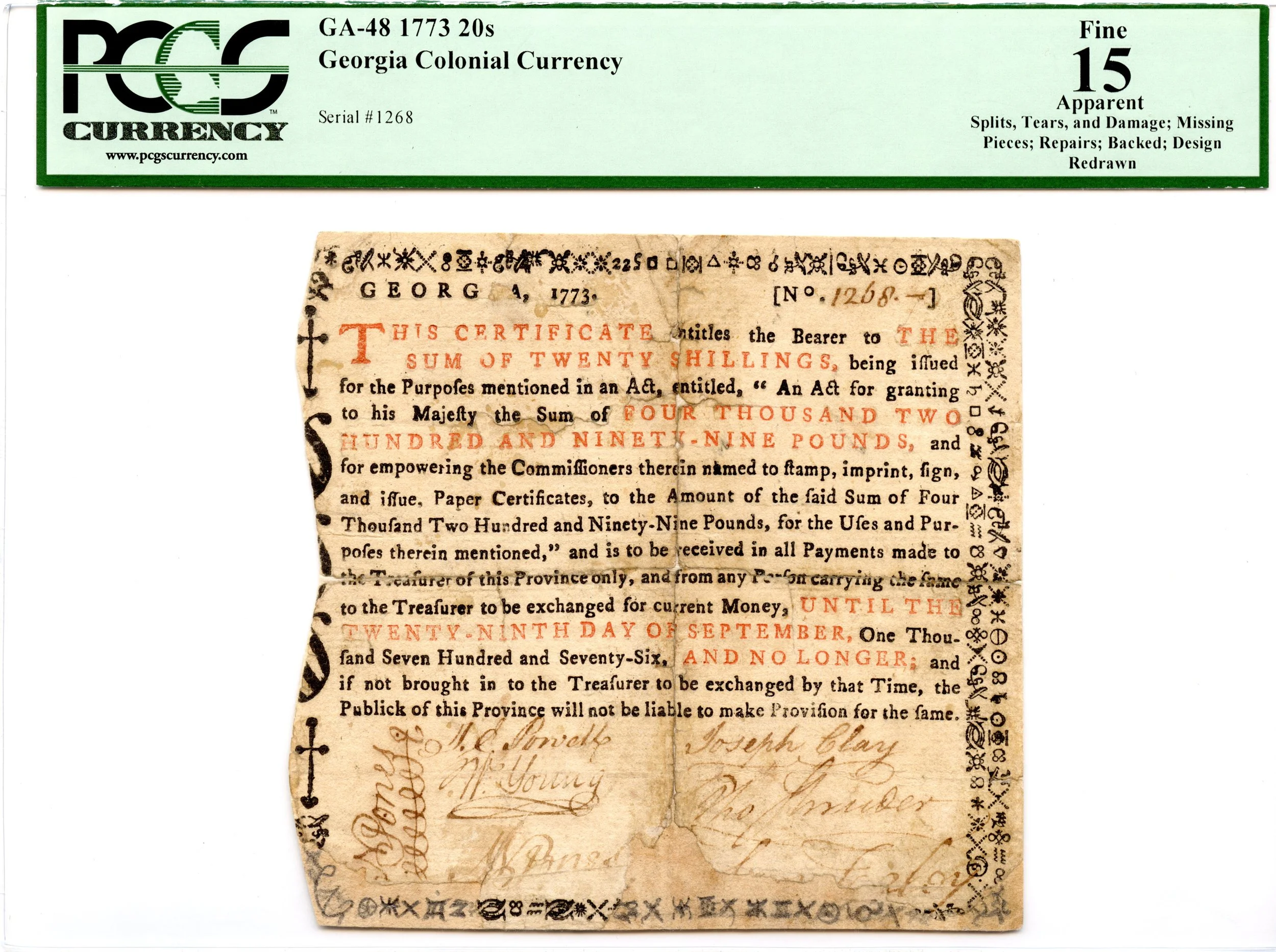 Georgia Colonial Note Fr#GA-48 1773 20s PCGS F-15 *16 Known*