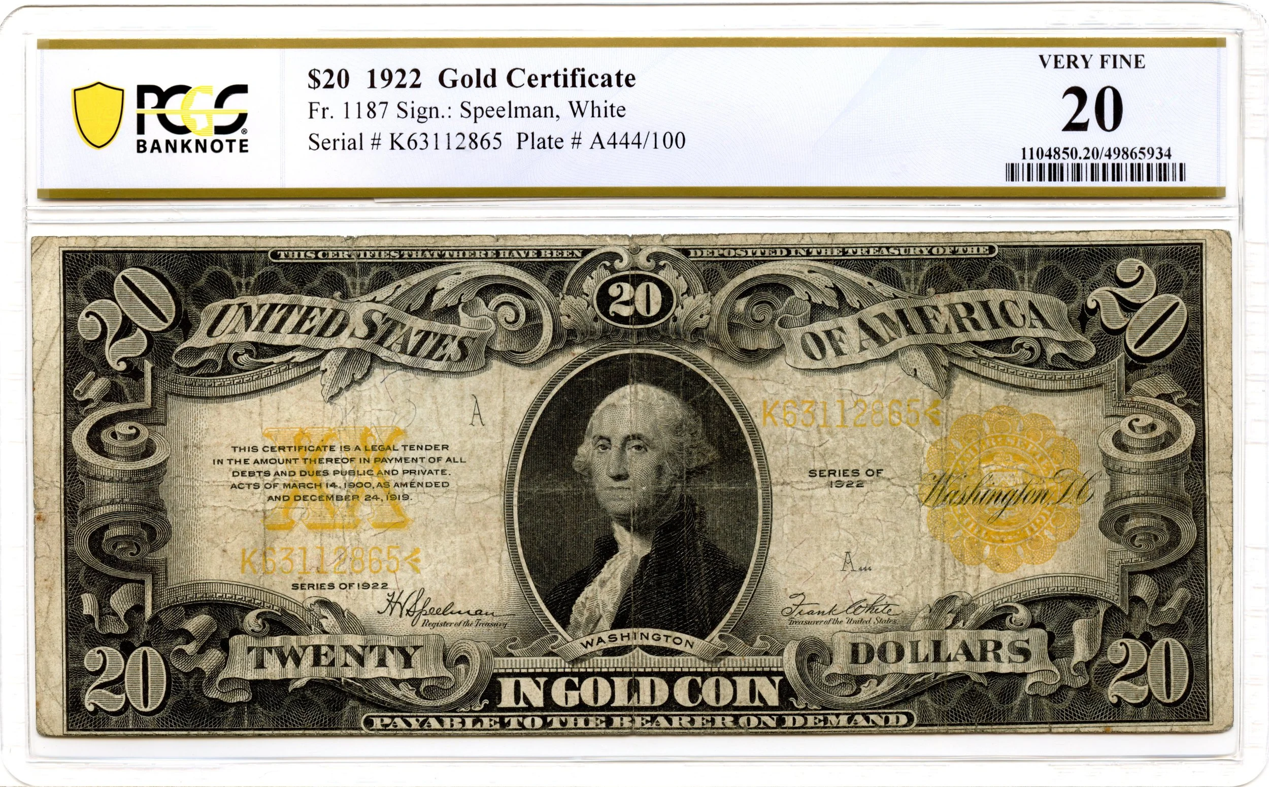 1922 $20 Gold Certificate Fr#1187 PCGS VF-20
