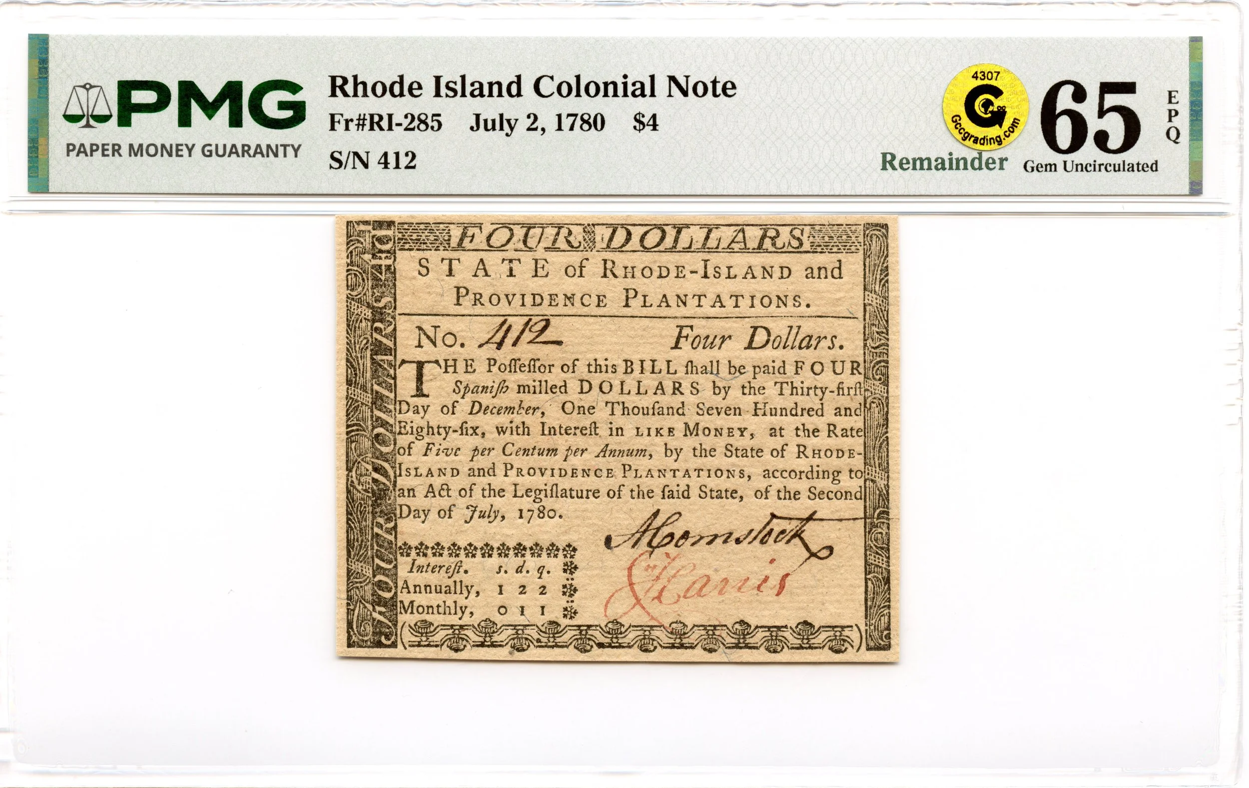 Rhode Island Colonial Note Fr#RI-285 July 2, 1780 $4 PMG GEM 65 EPQ GCC Gold *Exceptional*