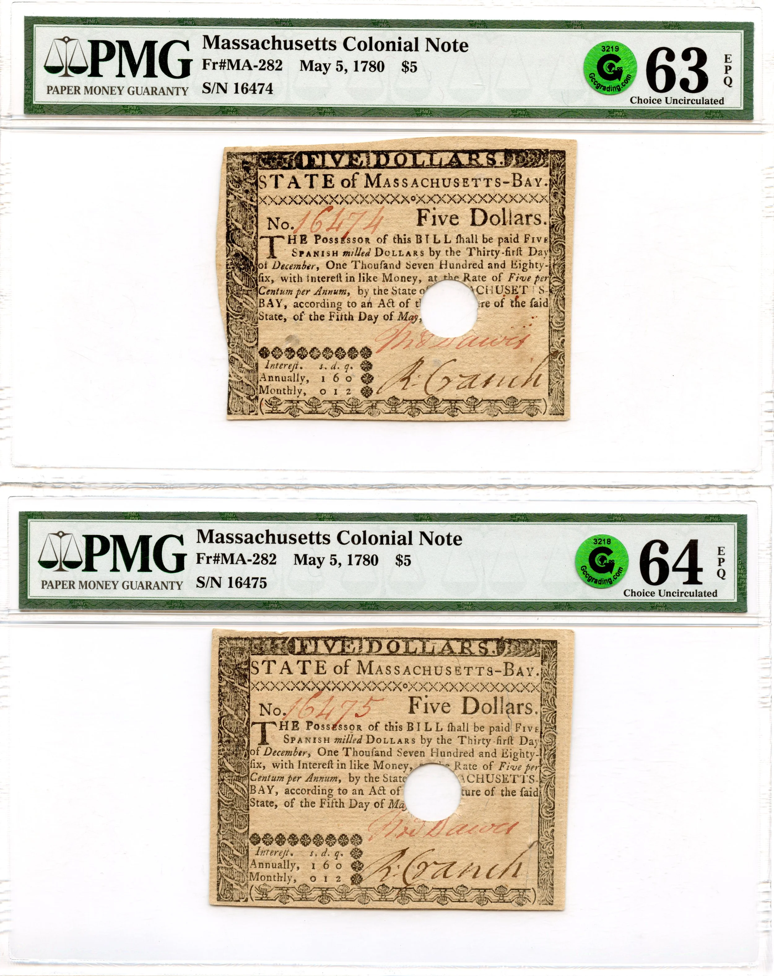 Massachusetts Colonial Note Fr#MA-282 May 5, 1780 $5 PMG CU-63/64 EPQ *Sequential Pair*