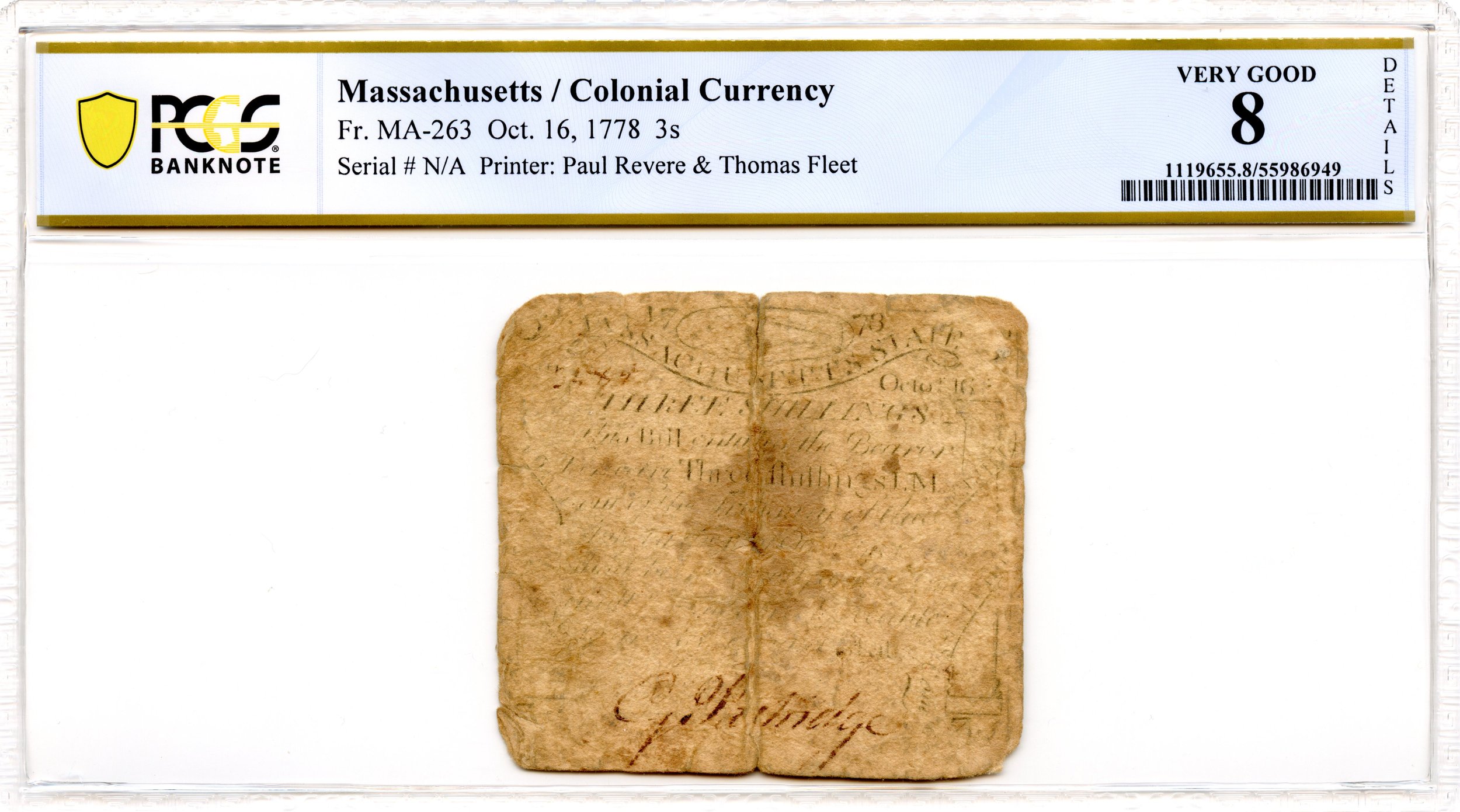 Massachusetts Colonial Note Fr#MA-263 October 16, 1778 3s PCGS VG-8 *Paul Revere*