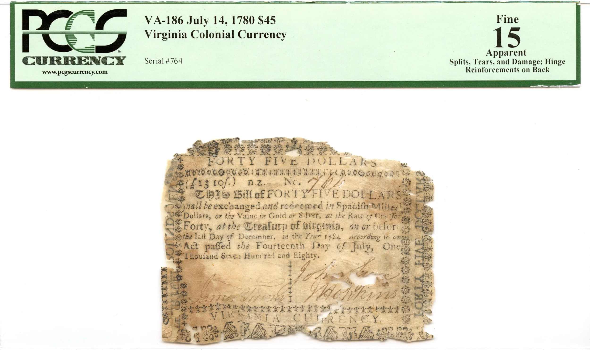 Virginia Colonial Note Fr#VA-186 July 14, 1780 $45 PCGS F-15 *16 Known*