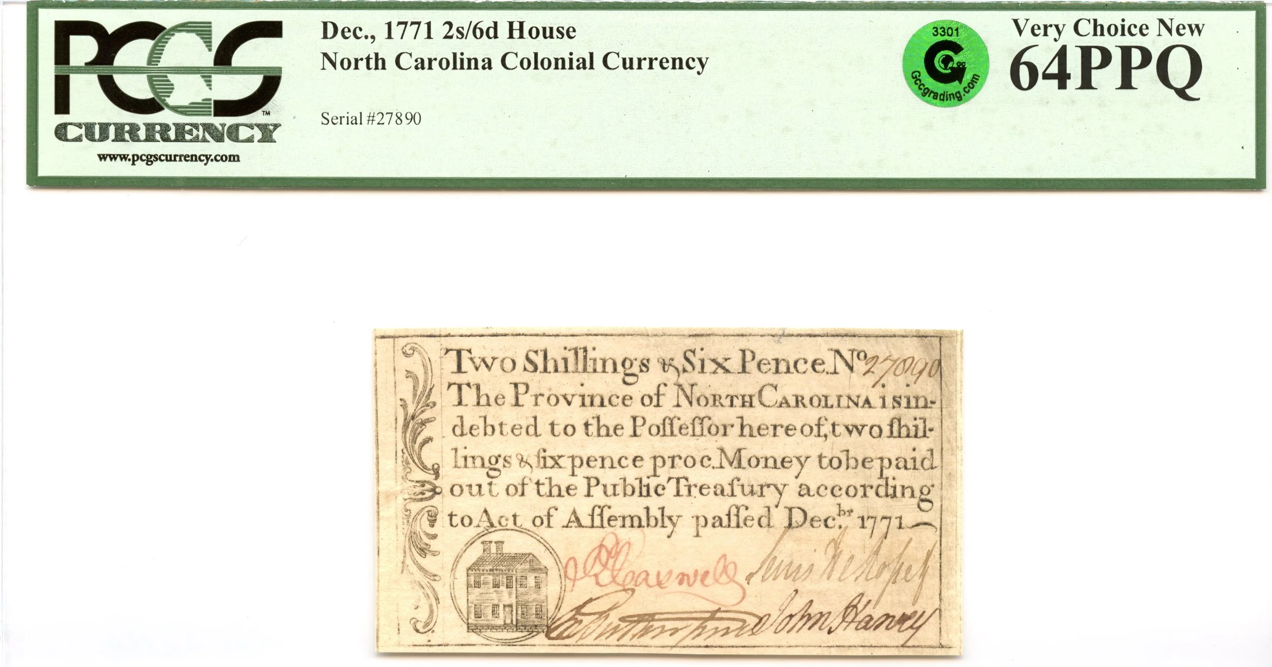 North Carolina Colonial Note Fr#NC-136b December, 1771 2s6d PCGS CU-64 PPQ GCC Green
