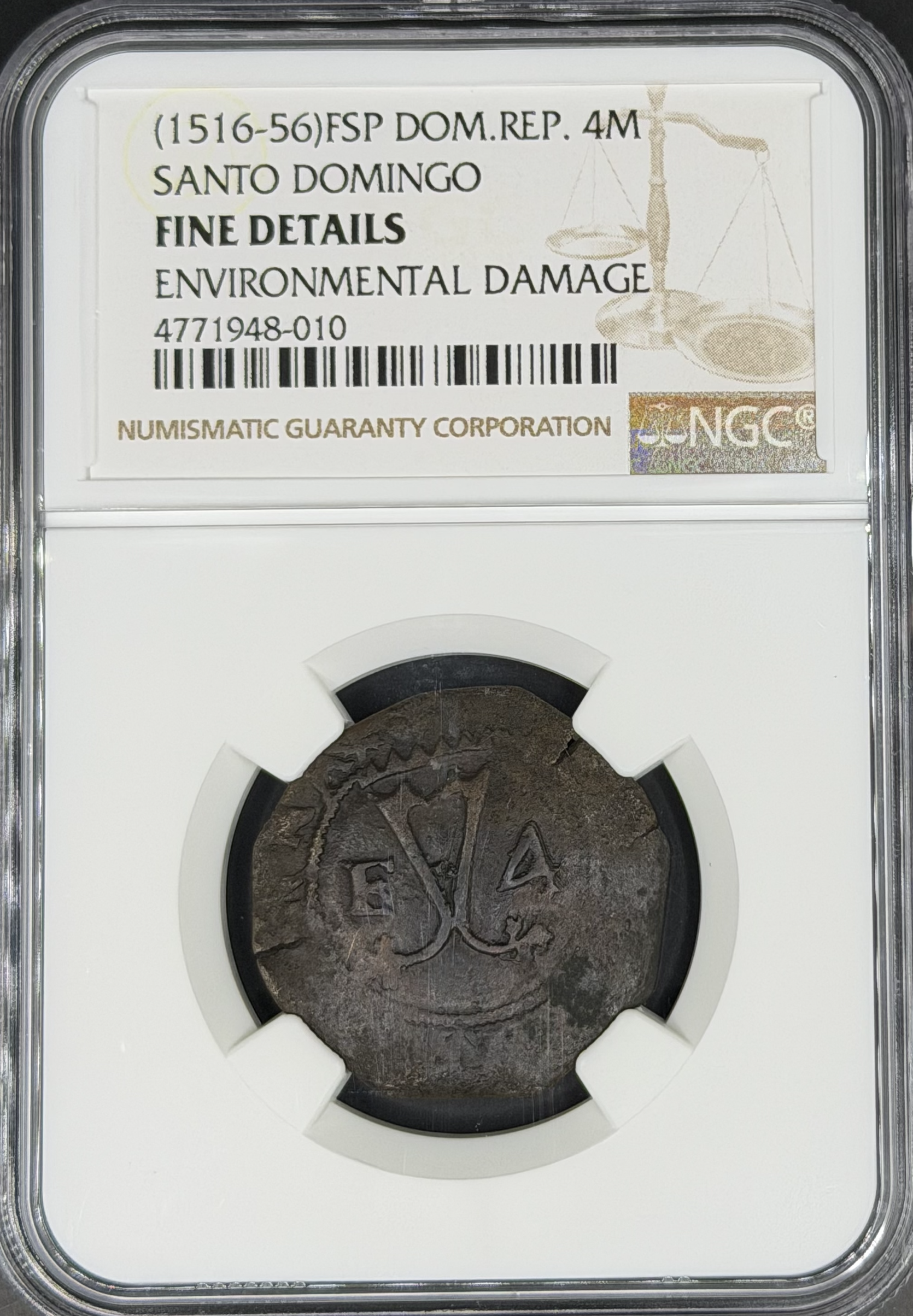 1516-56 FSP 4 Maravedis Spanish Colonial Dominican Republic, Santo Domingo NGC F