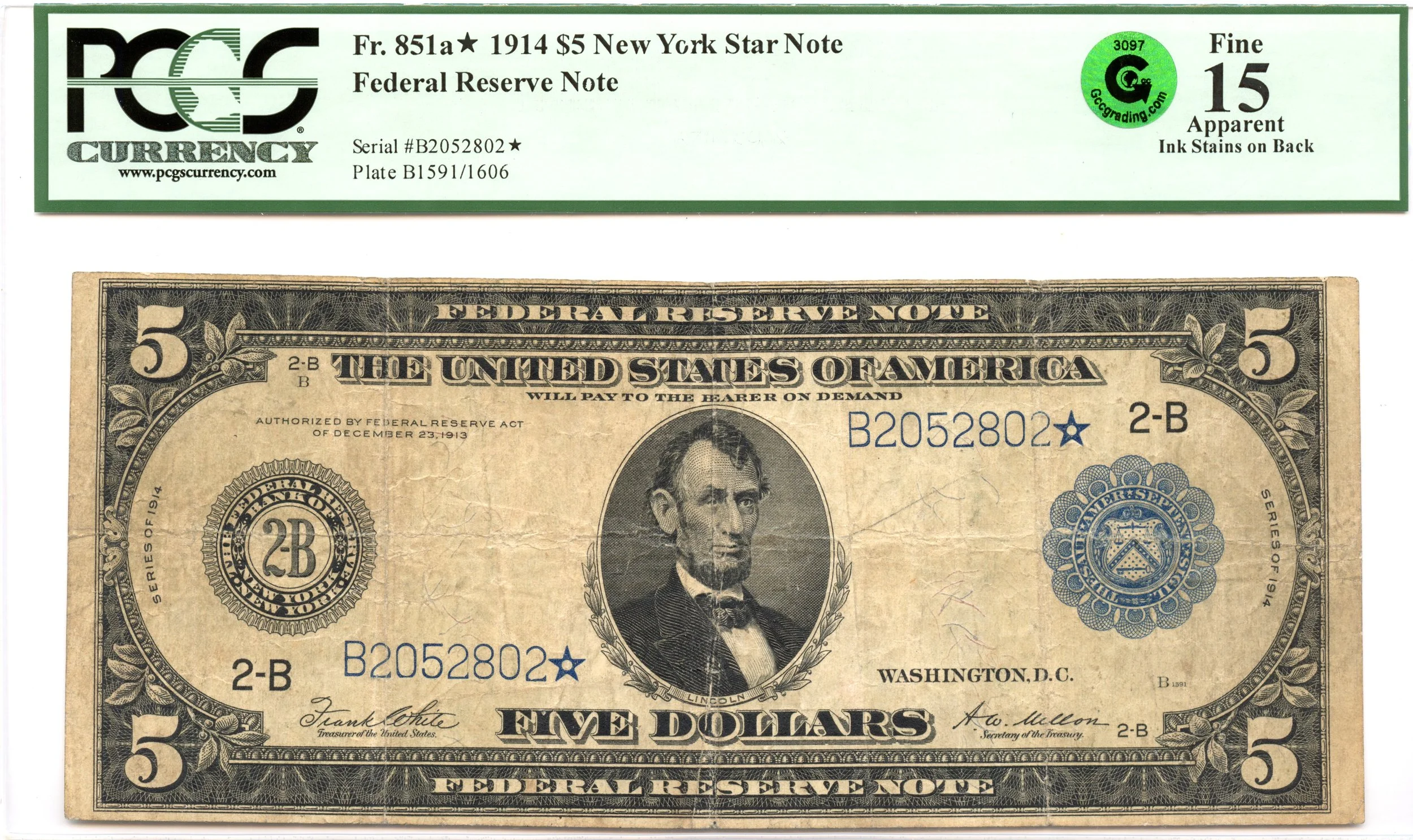 1914 $5 Federal Reserve Note New York Fr#851a* PCGS F-15 GCC Green *Star Note*