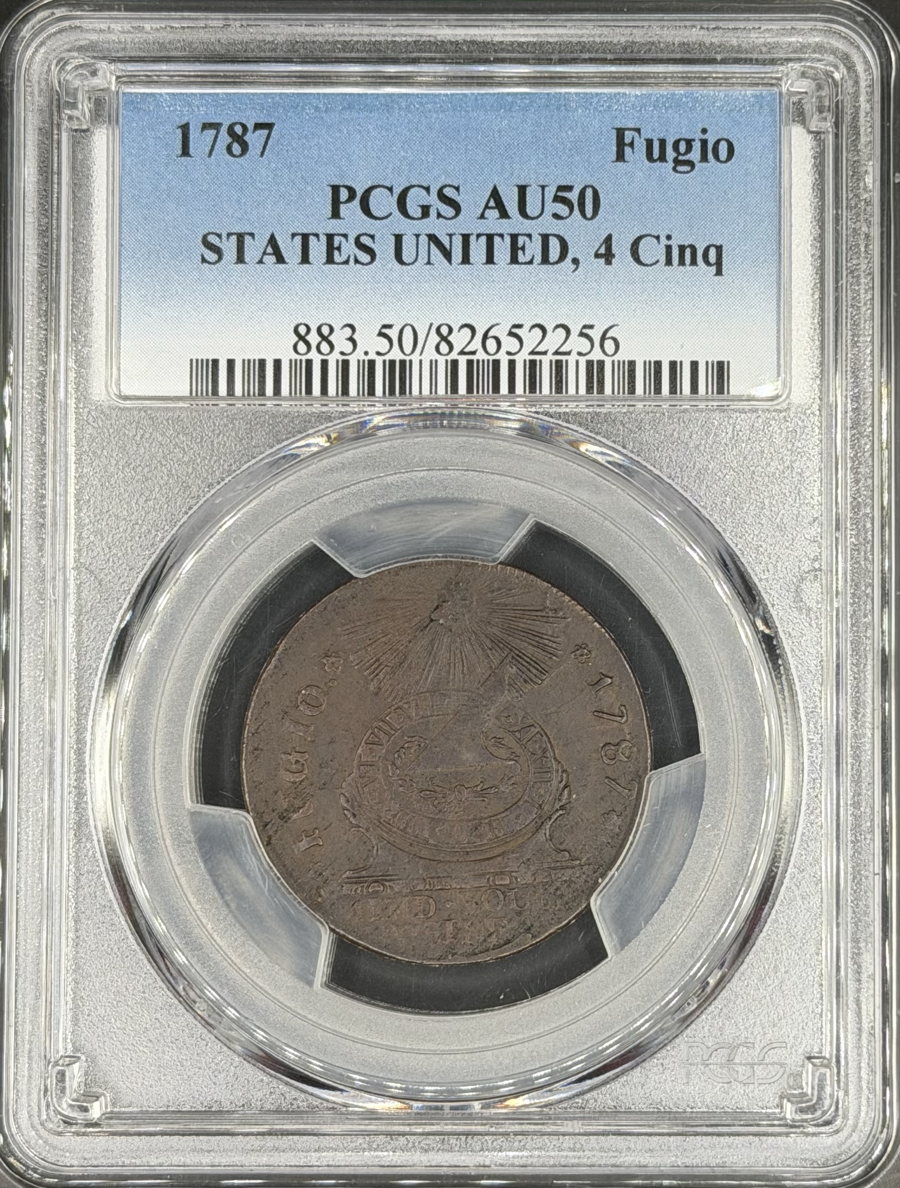 1787 1C Fugio Cent Colonial States United, 4 Cinq PCGS AU-50 *Exceptional*