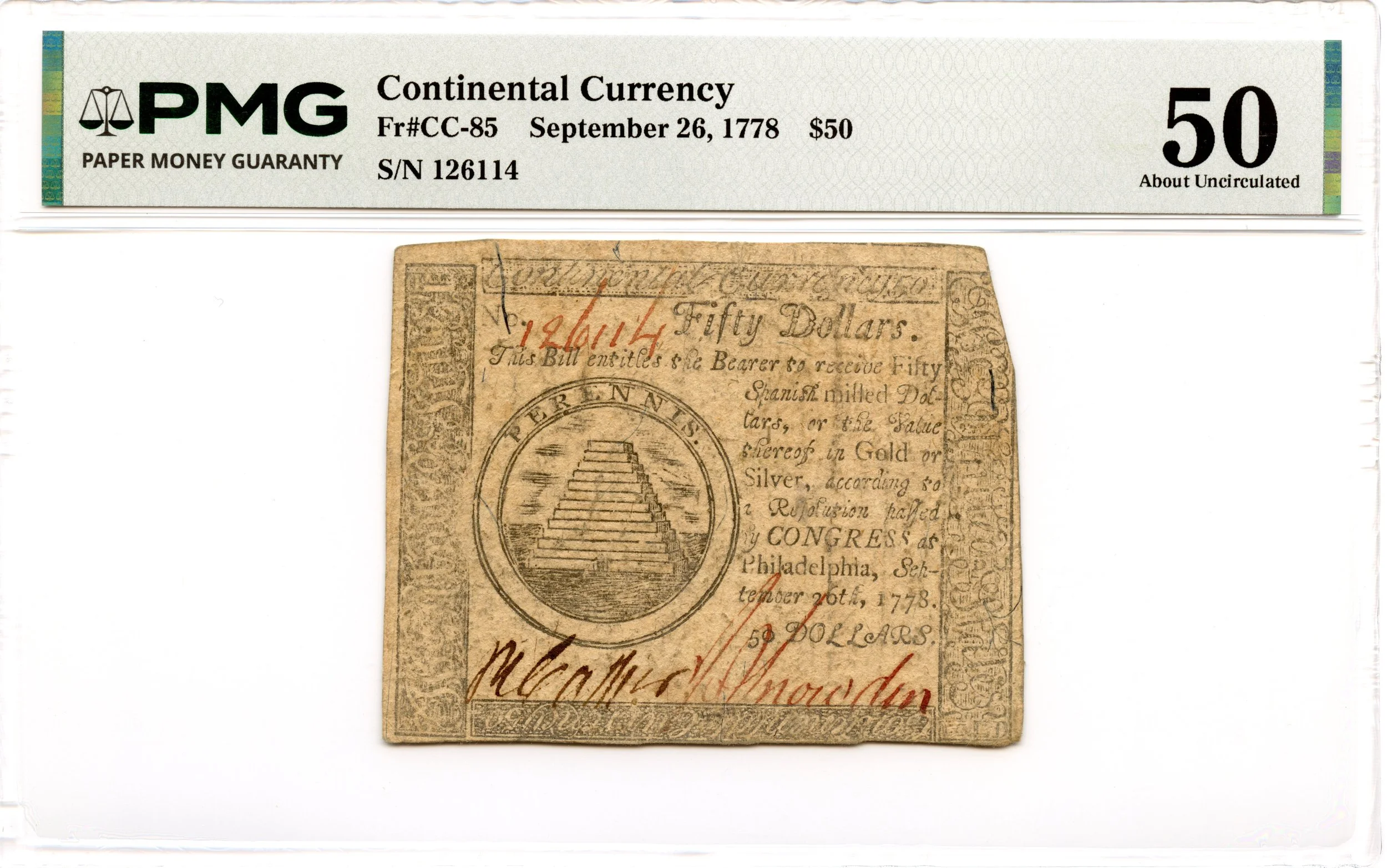 Continental Currency Fr#CC-85 September 26, 1778 $50 PMG AU-50