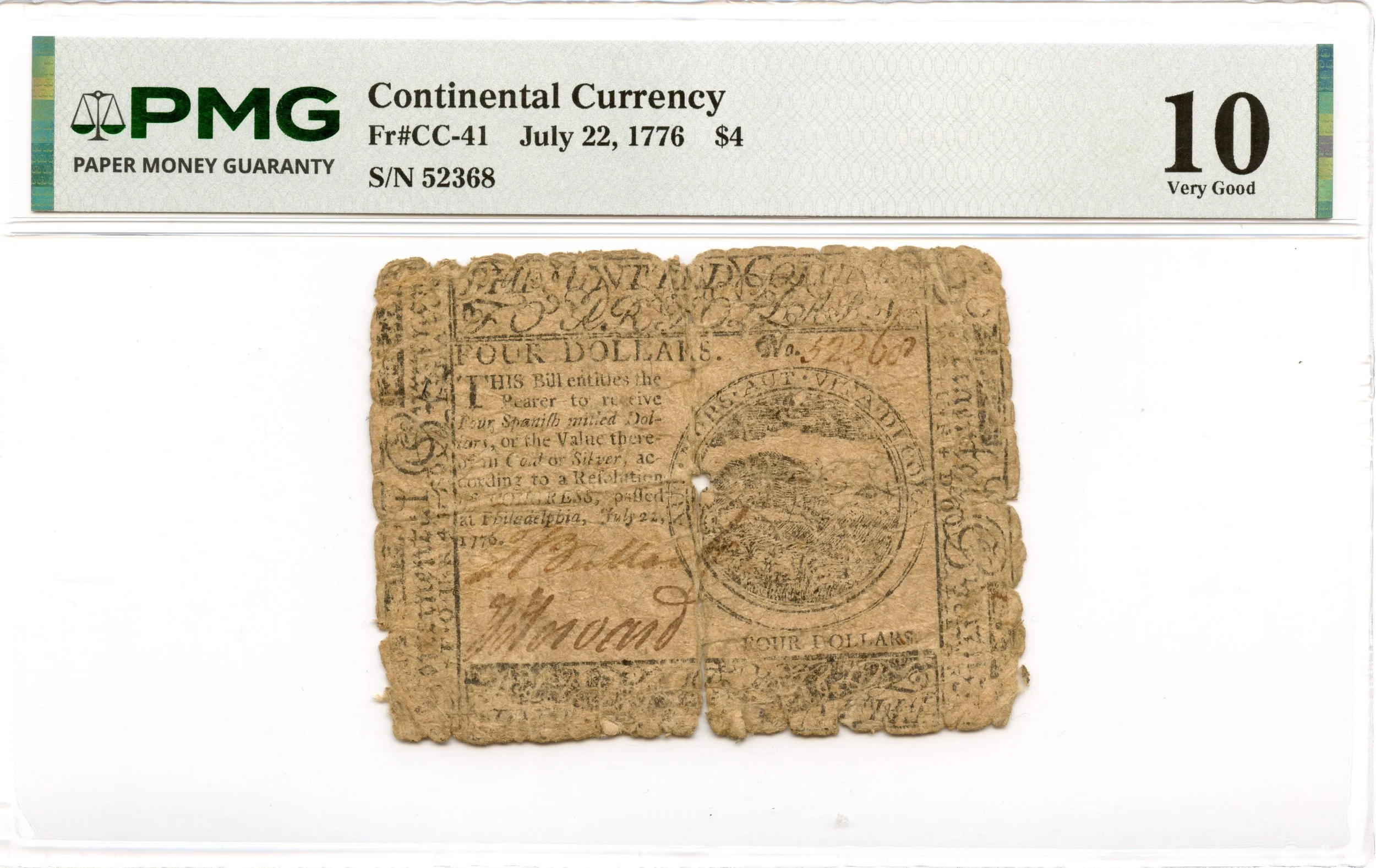Continental Currency Fr#CC-41 July 22, 1776 $4 PMG VG-10 *Scarce Issue*