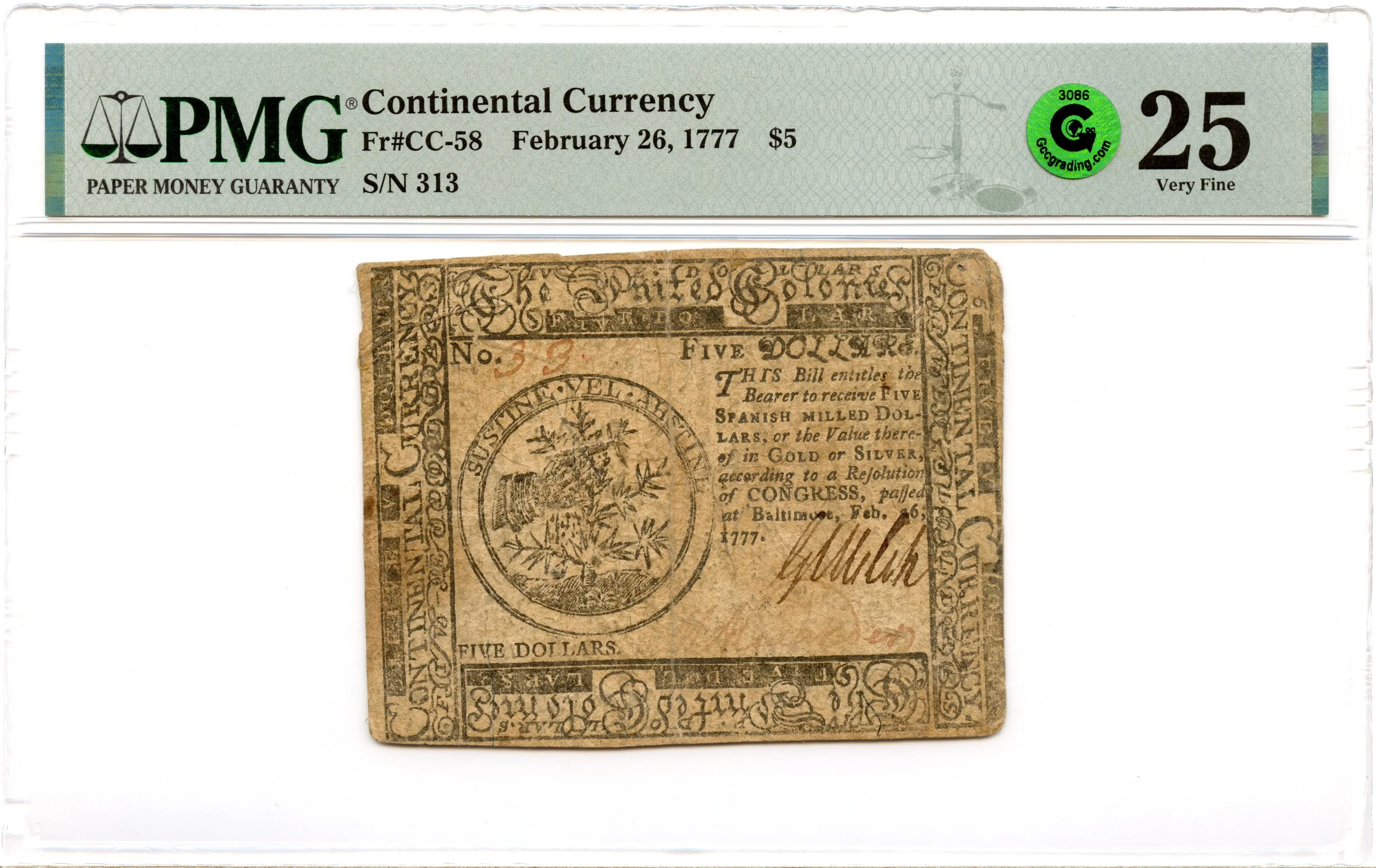 Continental Currency Fr#CC-58 February 26, 1777 $5 PMG VF-25 GCC Green *Baltimore*