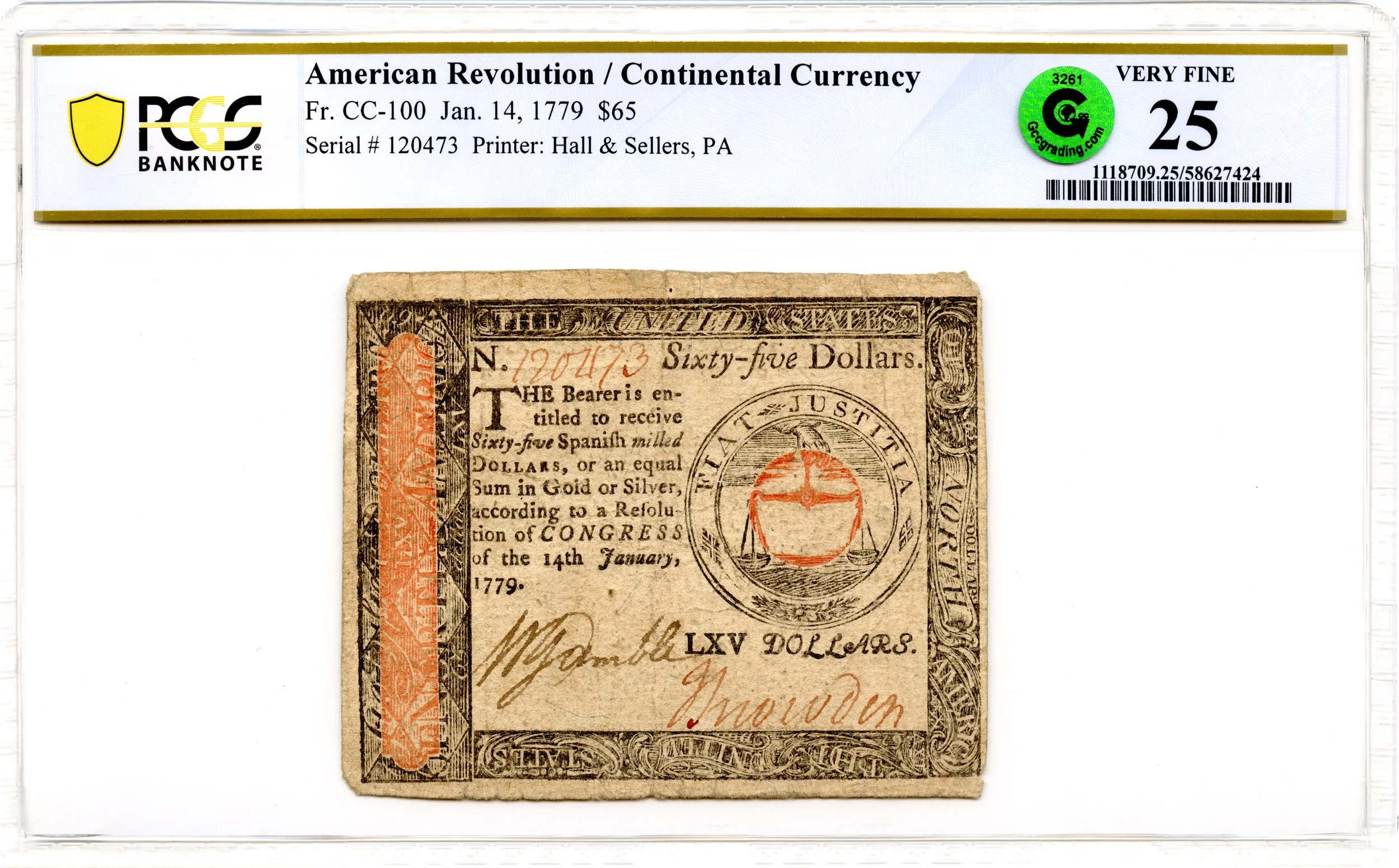 Continental Currency Fr#CC-100 January 14, 1779 $65 PCGS VF-25 GCC Green