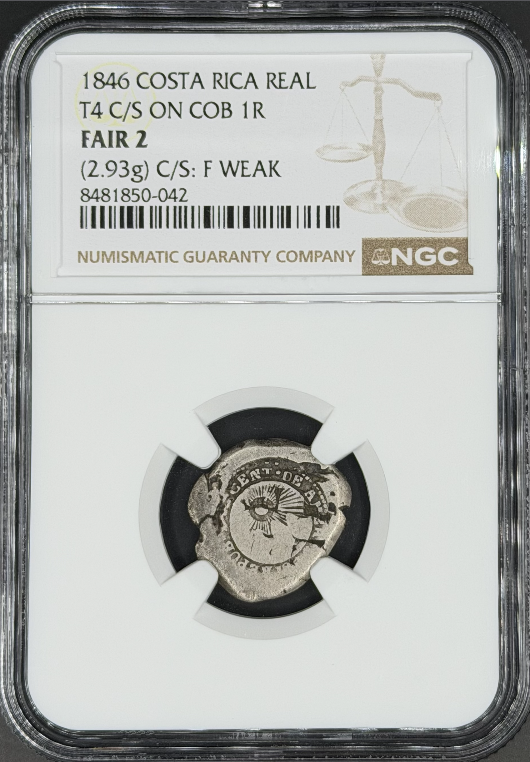 1846 1 Real Costa Rica T4 Counter Stamp on Cob NGC FR-2, C/S F