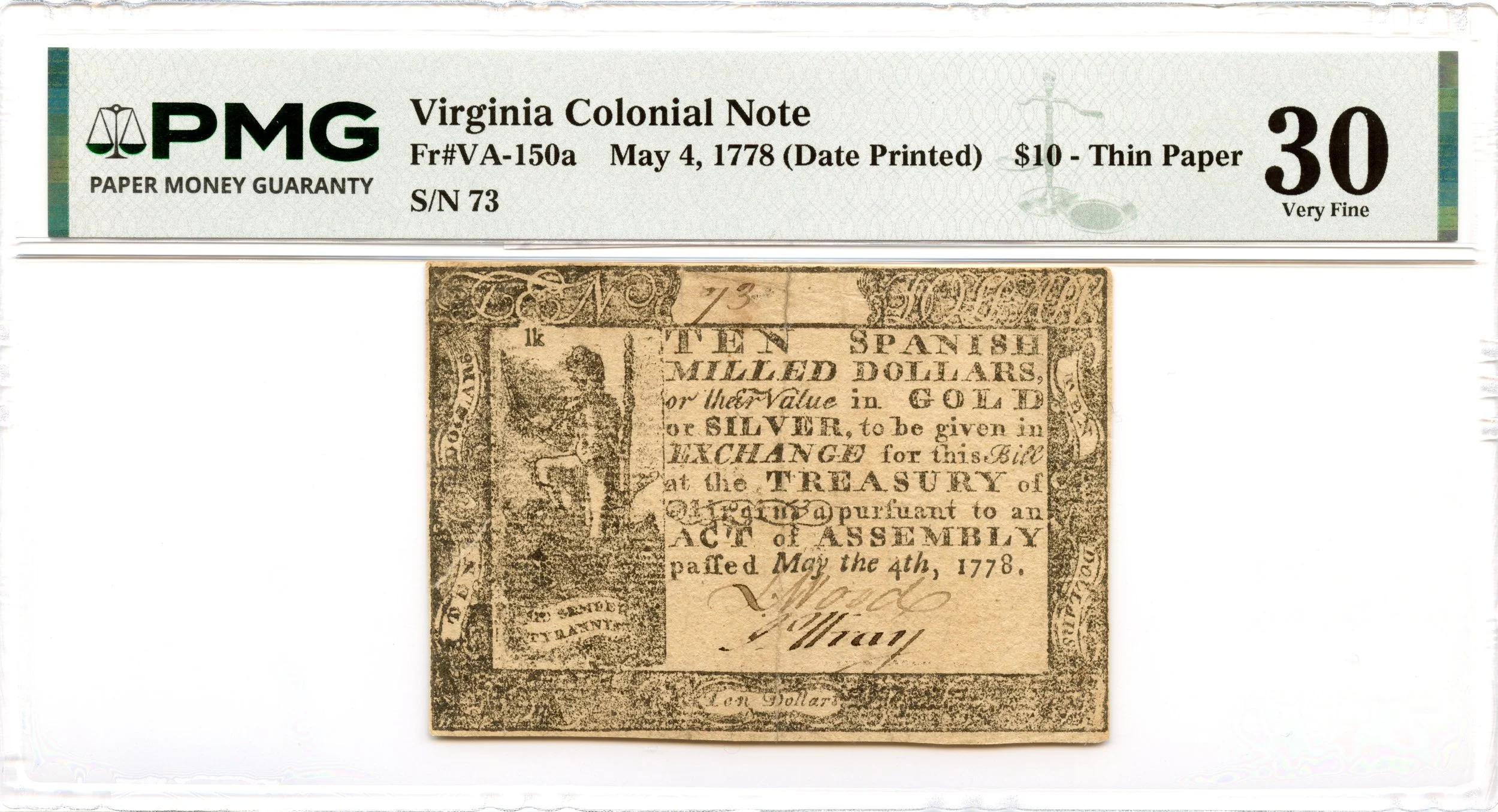 Virginia Colonial Note Fr#VA-150a May 4, 1778 $10 PMG VF-30 *8 Known*